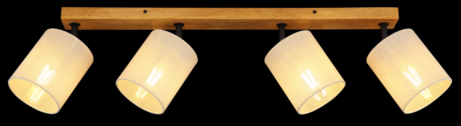 JULE Strahler 4-flammig aus Holz braun mit beigen Textilschirmen, warmweiß leuchtend; Deckenleuchte/Spotleiste, verstellbar. Hersteller: Globo Handels GmbH. Modell: 81600446.