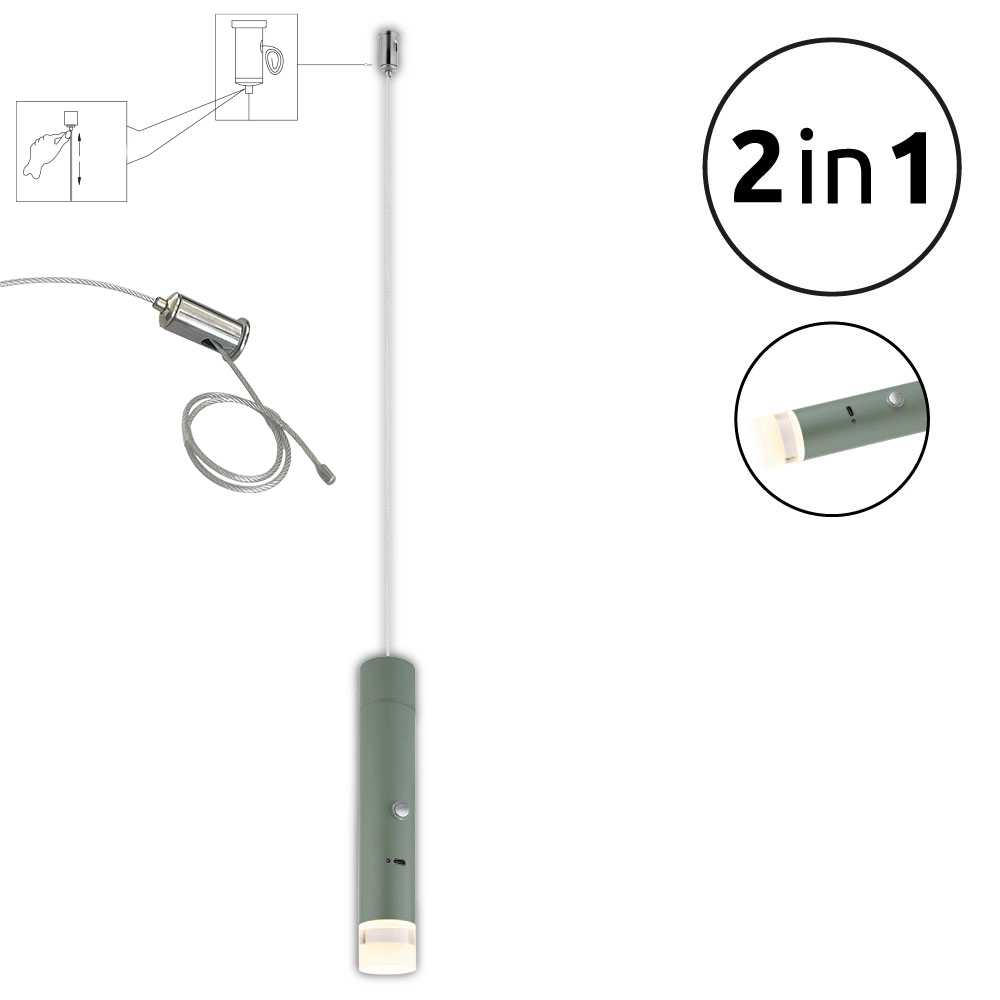 Zylindrische Hängeleuchte PELO aus blassgrünem, mattem Metall mit satiniertem Acrylschirm; 2-in-1: magnetisch abnehmbar als Taschenlampe; stufenlos dimmbar per Touch mit Memory; USB-ladbar; Innenleuchte von Globo Handels GmbH