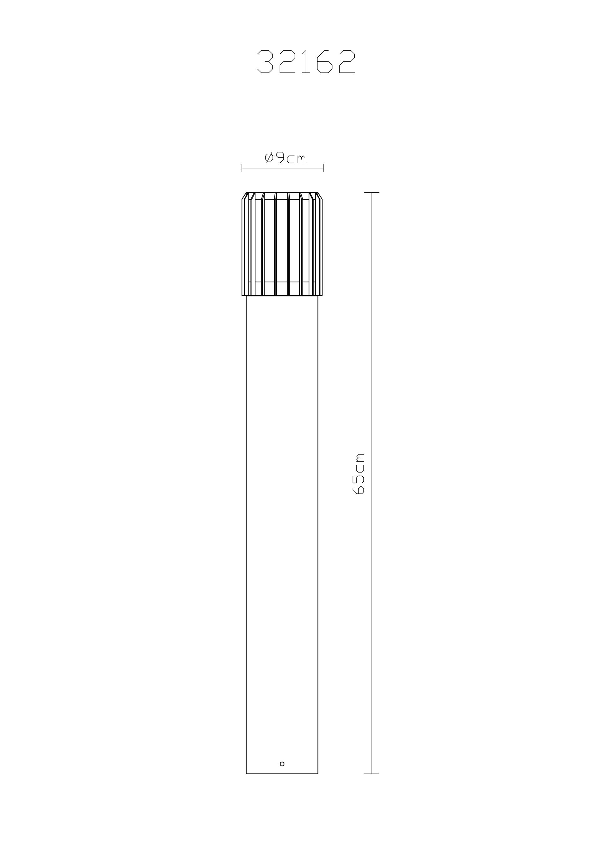 Technische Zeichnung: MERVIN Außenleuchte (Art.-Nr. 32162), Höhe 65 cm, Ø 9 cm – Aluminium anthrazit matt, Schirm aus Kunststoff opal, Hersteller Globo Handels GmbH.