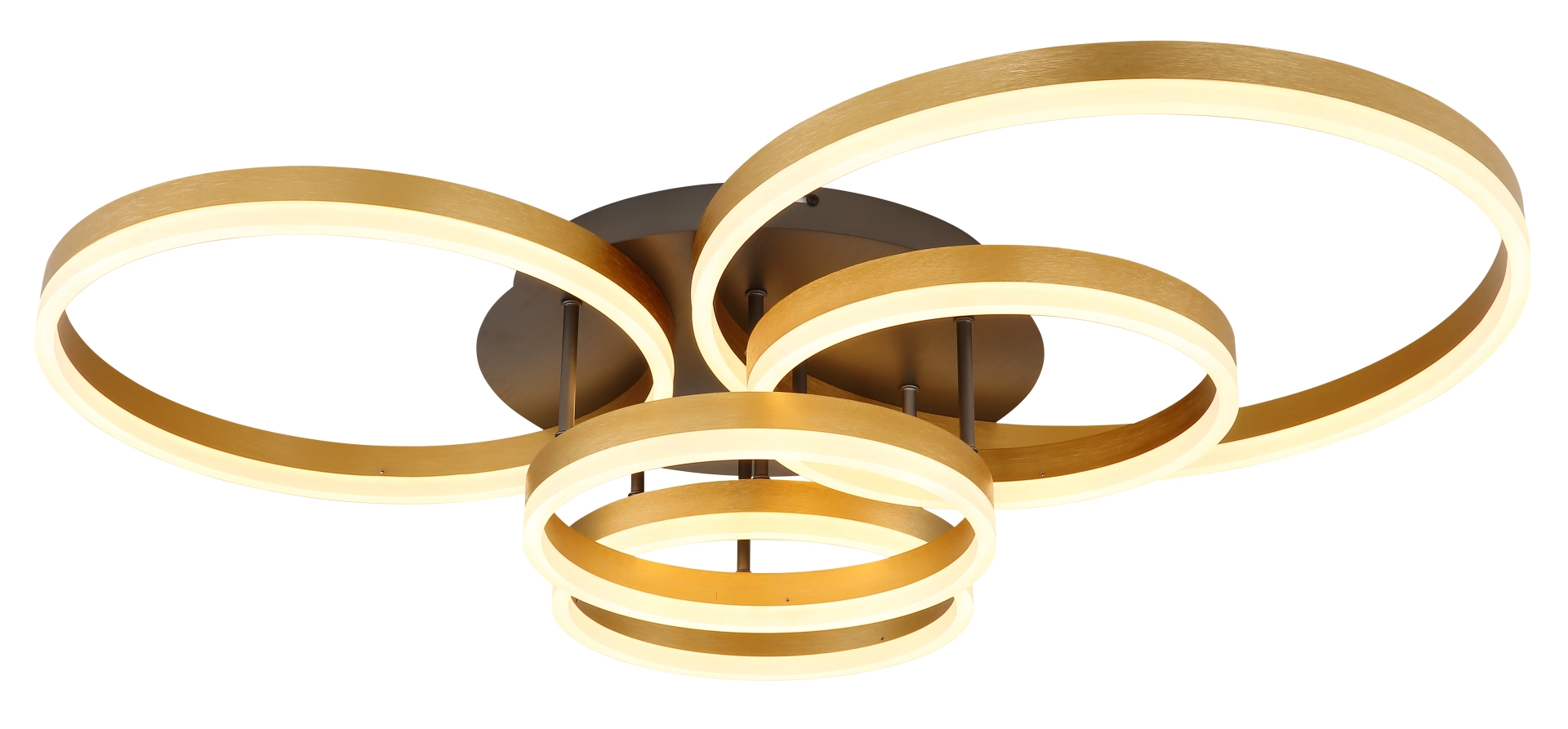 Produktfoto: ELORIA Deckenleuchte von Globo Handels GmbH – moderne LED-Ringleuchte mit mehreren goldfarben gebürsteten Aluminiumringen und schwarzer, matt gebürsteter Deckenbasis, Modell 67385-85