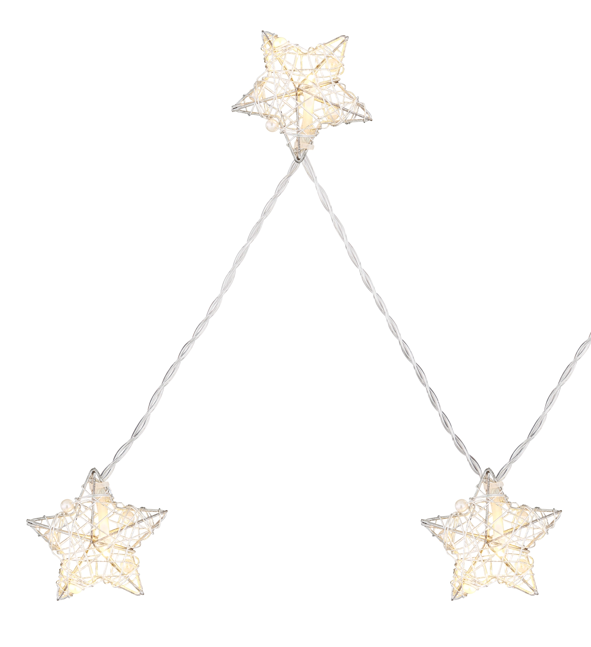 Batteriebetriebene LED Lichterkette aus silberfarbenem Metall mit sternförmigen, satinierten Acryl-Dekoren, 10x warmweiß LED, Abstand ca. 10 cm, Zuleitung 30 cm, Modell 29861-10 von Globo Handels GmbH