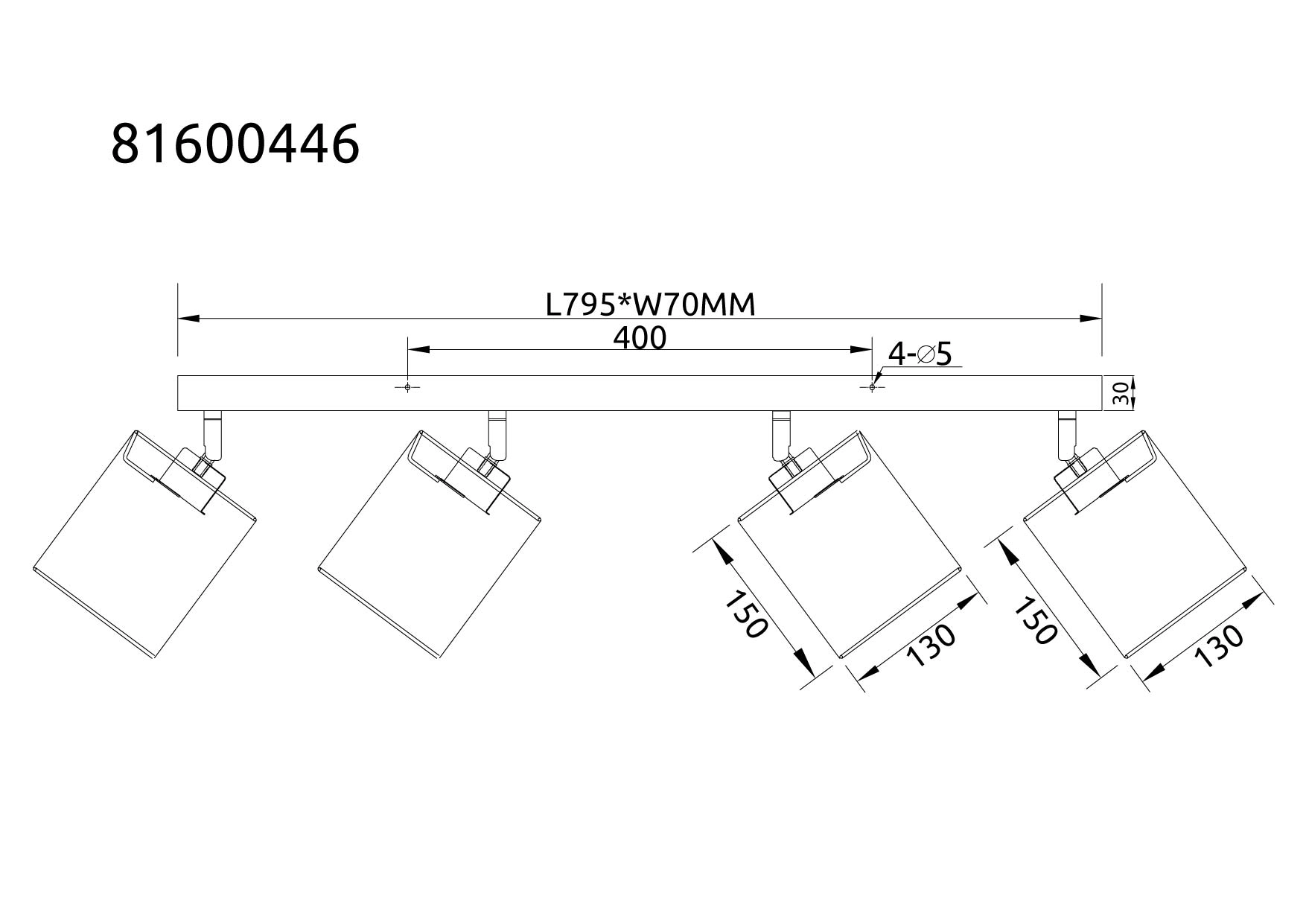 Technische Zeichnung: JULE Strahler aus Holz in Braun, 4-flammig, L795×W70 mm, Spotkopf 150×130 mm, Bohrung 4×Ø5, Artikel-Nr. 81600446 – Hersteller Globo Handels GmbH