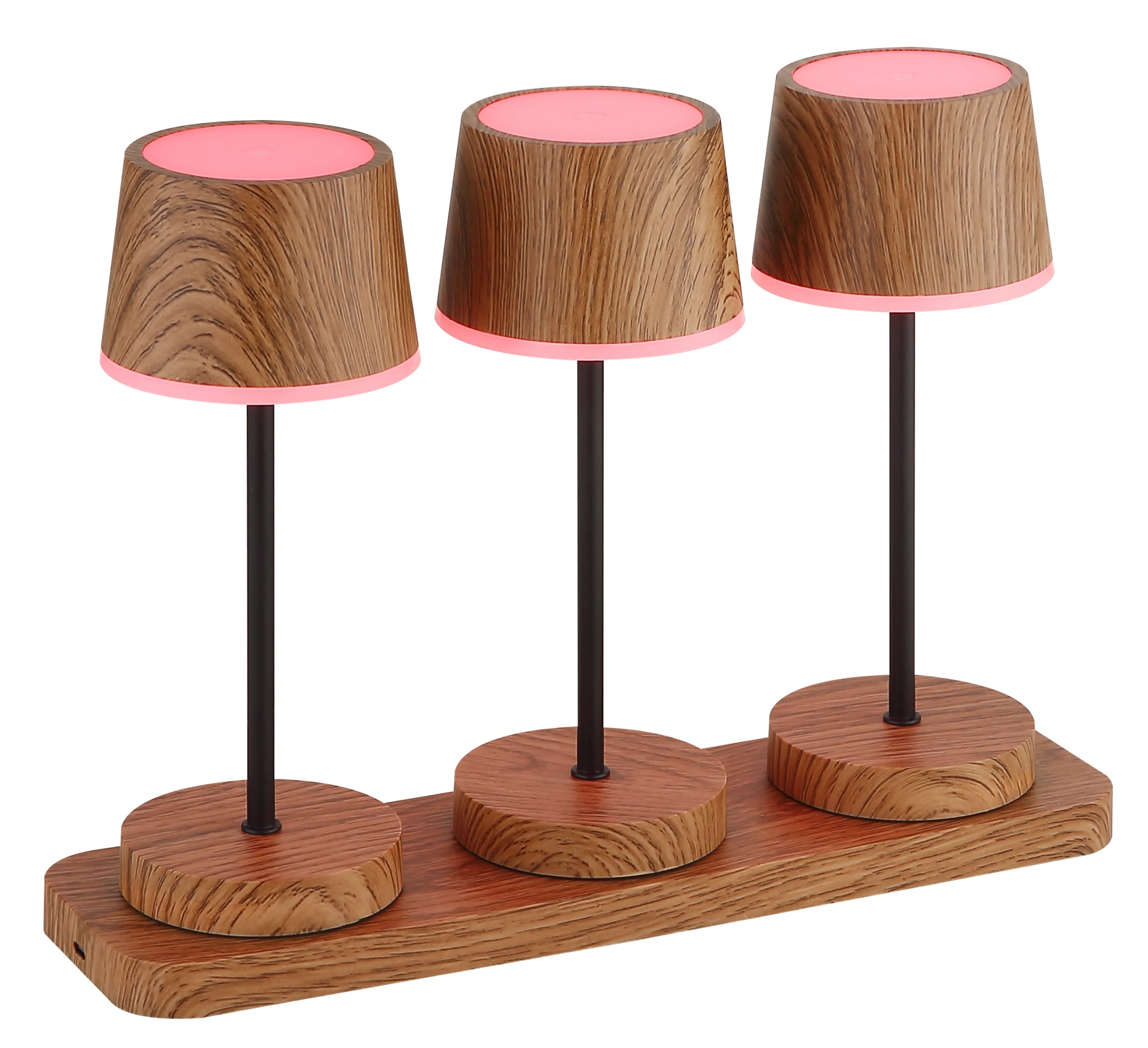 DAWSON Tischleuchte Dreier-Set in dunkler Holzoptik mit pinken Lampenschirmen und schwarzen Metallstielen auf Holzboden