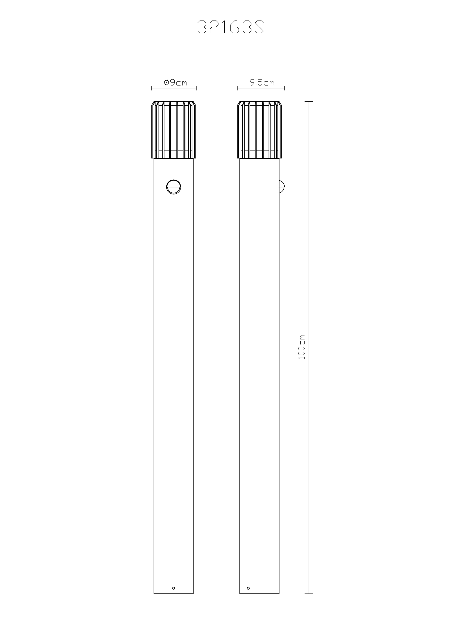 Technische Zeichnung der Sockelleuchte MERVIN (32163S): Wegeleuchte 100 cm hoch, Ø9–9,5 cm, Aluminium anthrazit matt mit opalem Kunststoff, IP54, E27 LED dimmbar, mit Bewegungsmelder, von Globo Handels GmbH