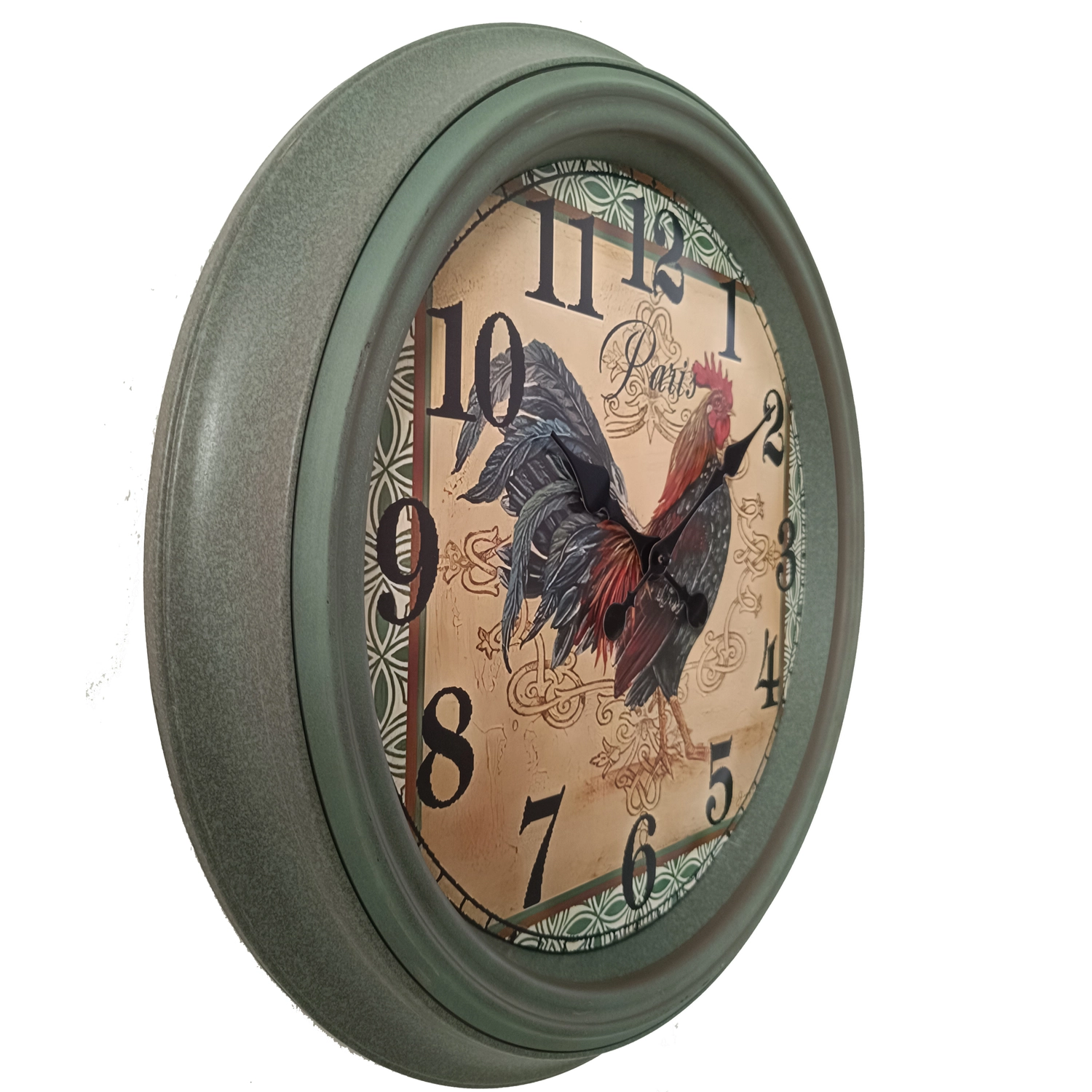 Wanduhr JULIA von Globo Handels GmbH, rund, grüner Kunststoffrahmen mit Glasabdeckung, gut lesbares arabisches Ziffernblatt, dekoratives Hahn-/Paris-Motiv; ideal für Wohnzimmer, Küche oder Büro; Artikel B992522