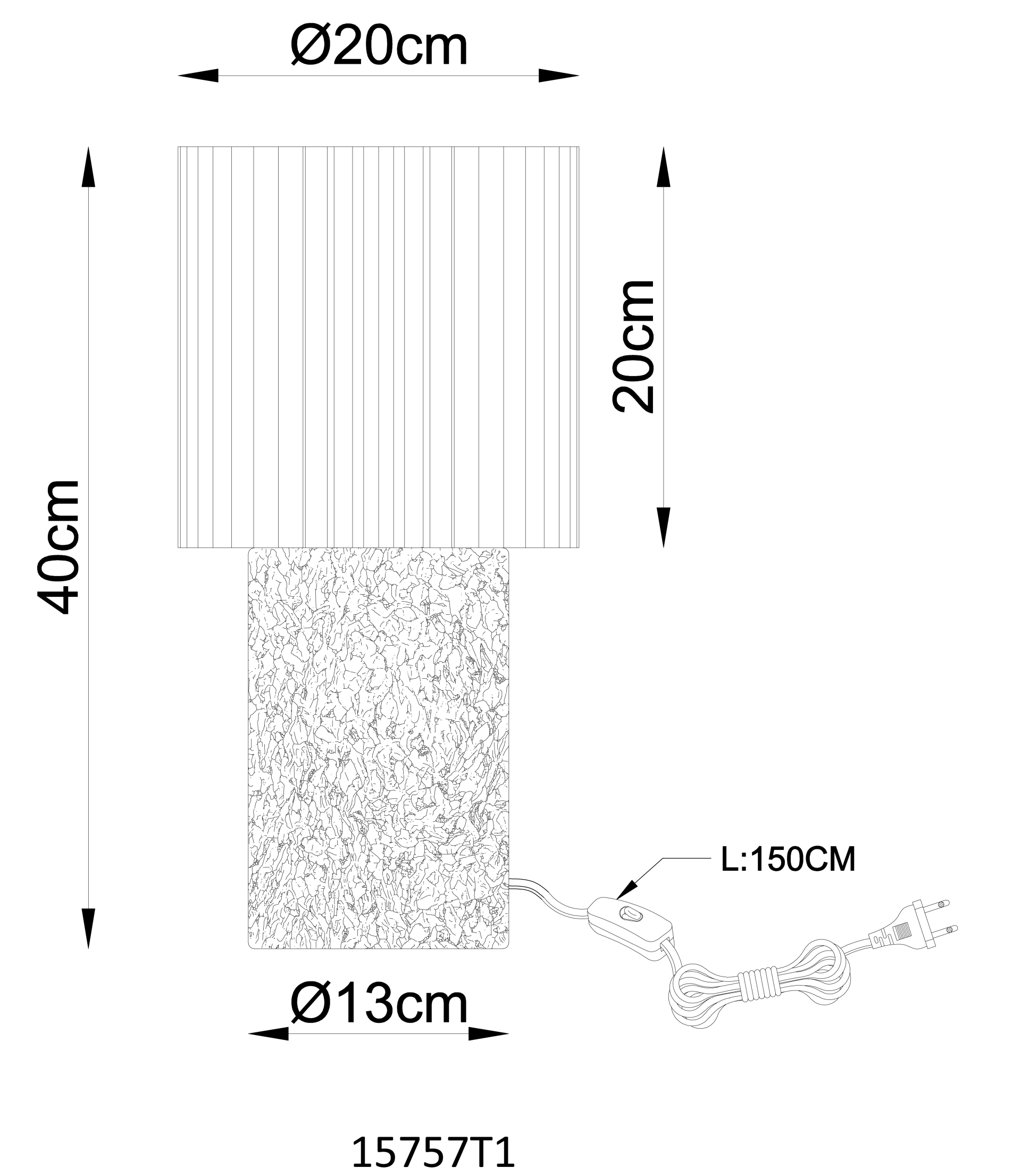 Maßzeichnung der PAGE Tischleuchte von Globo Handels GmbH in dunkelbraun mit naturfarbenem Textilschirm, 40 cm Höhe, Schirmdurchmesser 20 cm, Fußdurchmesser 13 cm und 150 cm Kabel, Modell 15757T1
