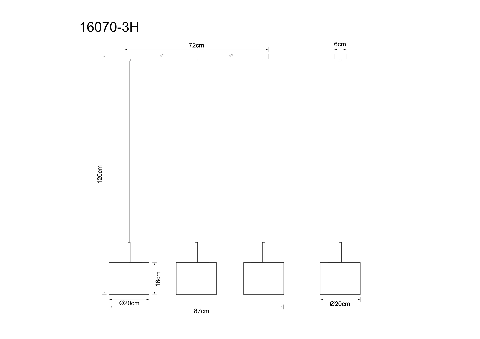 Maßzeichnung der SAVINA Pendelleuchte: 3xE27, Metall sandfarben, Baldachin 72 cm, Höhe max. 120 cm, Schirme Ø20 cm/H16 cm, Länge ca. 87 cm. Dimmbar je Leuchtmittel. Hersteller: Globo Handels GmbH. Ideal für Wohn- & Esszimmer.