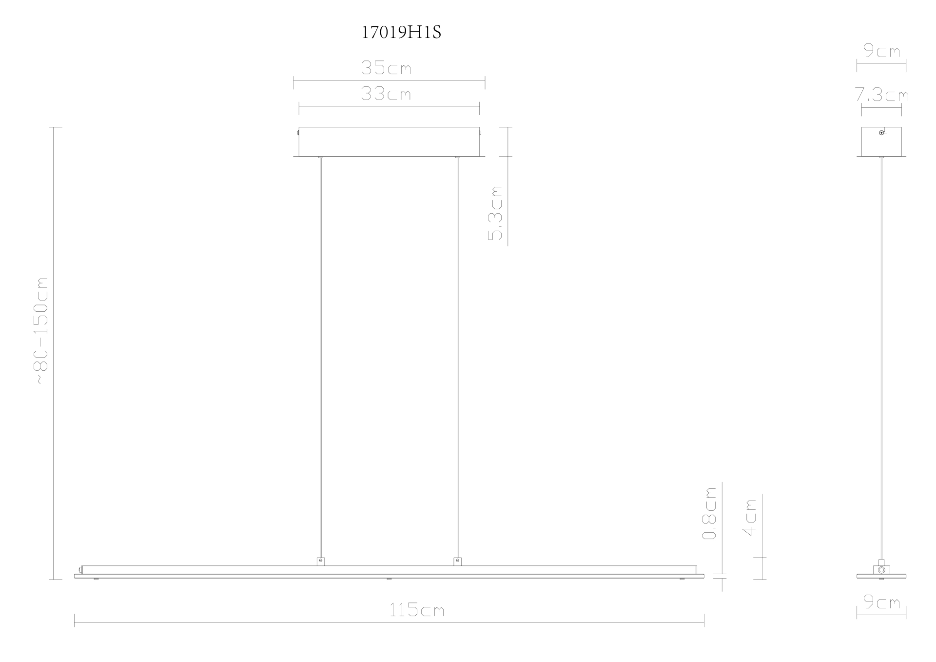 Technische Maßzeichnung der Hängeleuchte NOVAK von Globo Handels GmbH: rechteckiger LED-Balken Metall+Glas schwarz, Länge 115 cm, Höhe 80–150 cm mit Soft-Lift, CCT einstellbar – ideal über Esstisch oder Kücheninsel