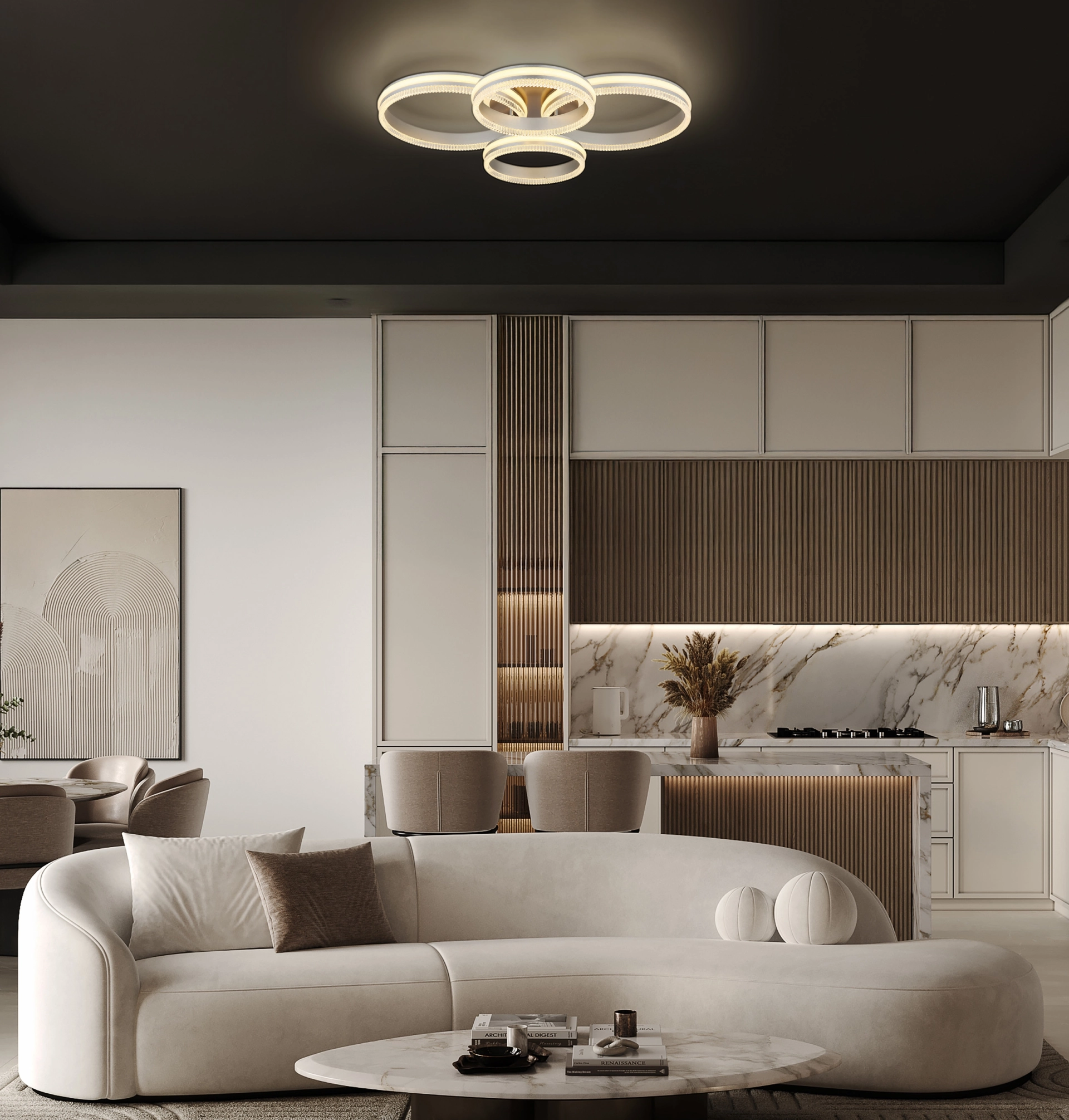 Rectangular LED ceiling light FRANCINE with offset rings, matte black-chrome and silver metal, clear acrylic diffuser, 8,800 lm, CCT 2700–6000 K; manufacturer Globo Handels GmbH, model 67377-90