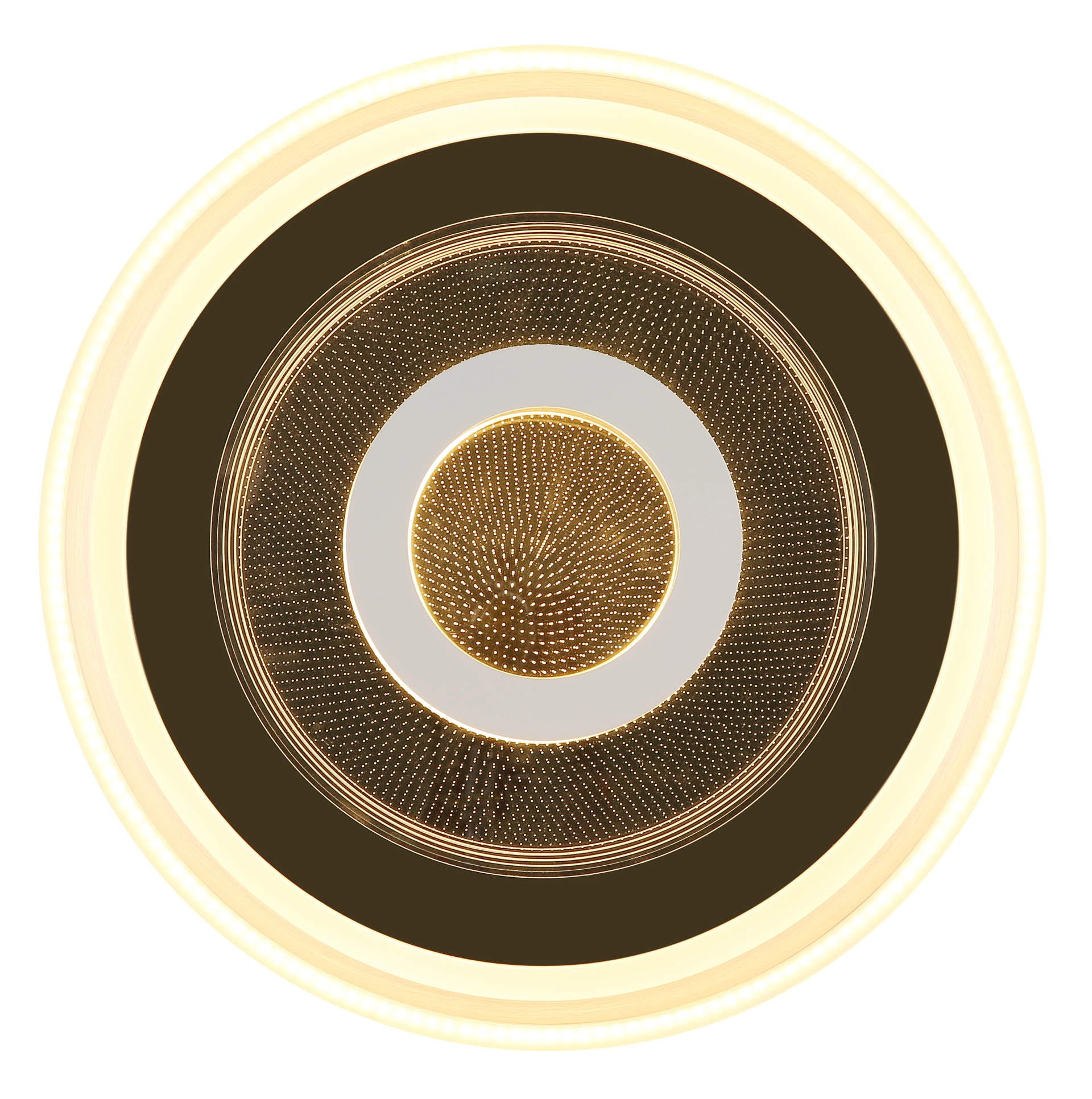 Runde LED-Deckenleuchte ADELA von Globo Handels GmbH, Modell 48573-30, aus Aluminium gebürstet mit opalem Acryl; modernes Kreis-Design und warme Lichtfarbe – Produktabbildung von unten.