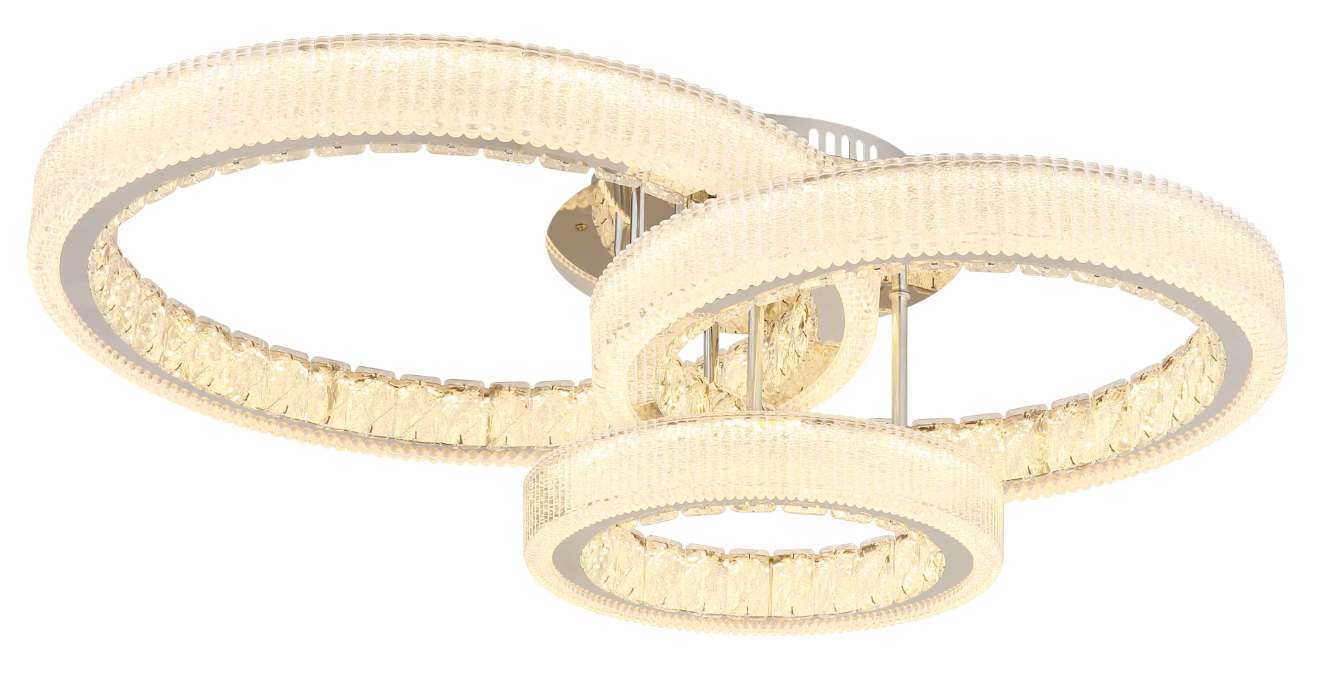 Produktfoto: LUMINARA LED-Deckenleuchte, drei Ring-Elemente, warmweiß leuchtend; Edelstahl verchromt, Acryl transparent mit Kristall-Effekt; Hersteller Globo Handels GmbH, Modell 67395-72