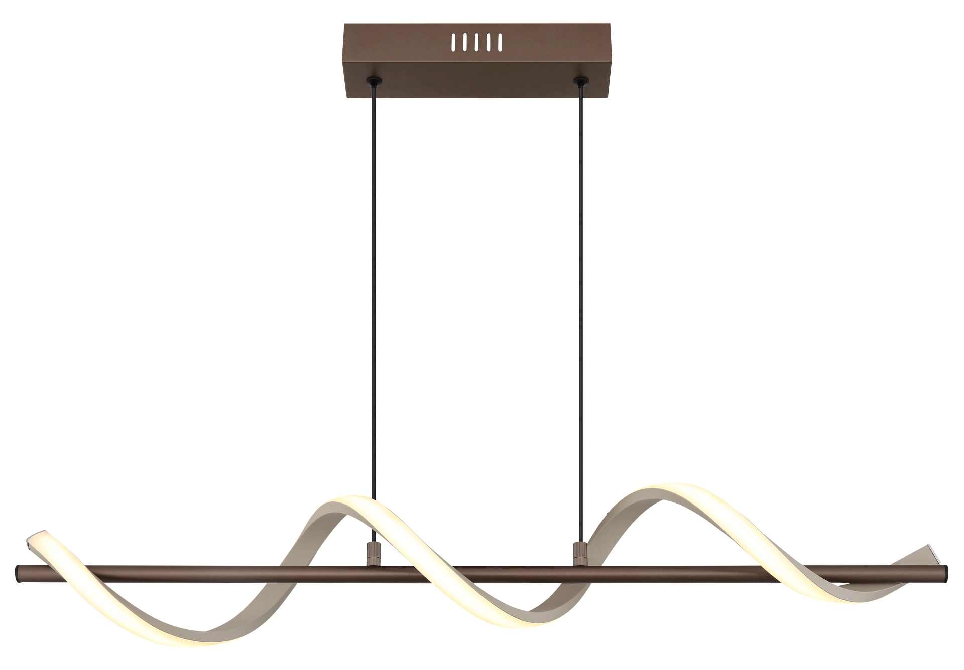 SPIRO Pendelleuchte mit kaffeefarbenem Metallträger und sandfarbenem Kunststoffbandspirale, zwei Aufhängungen