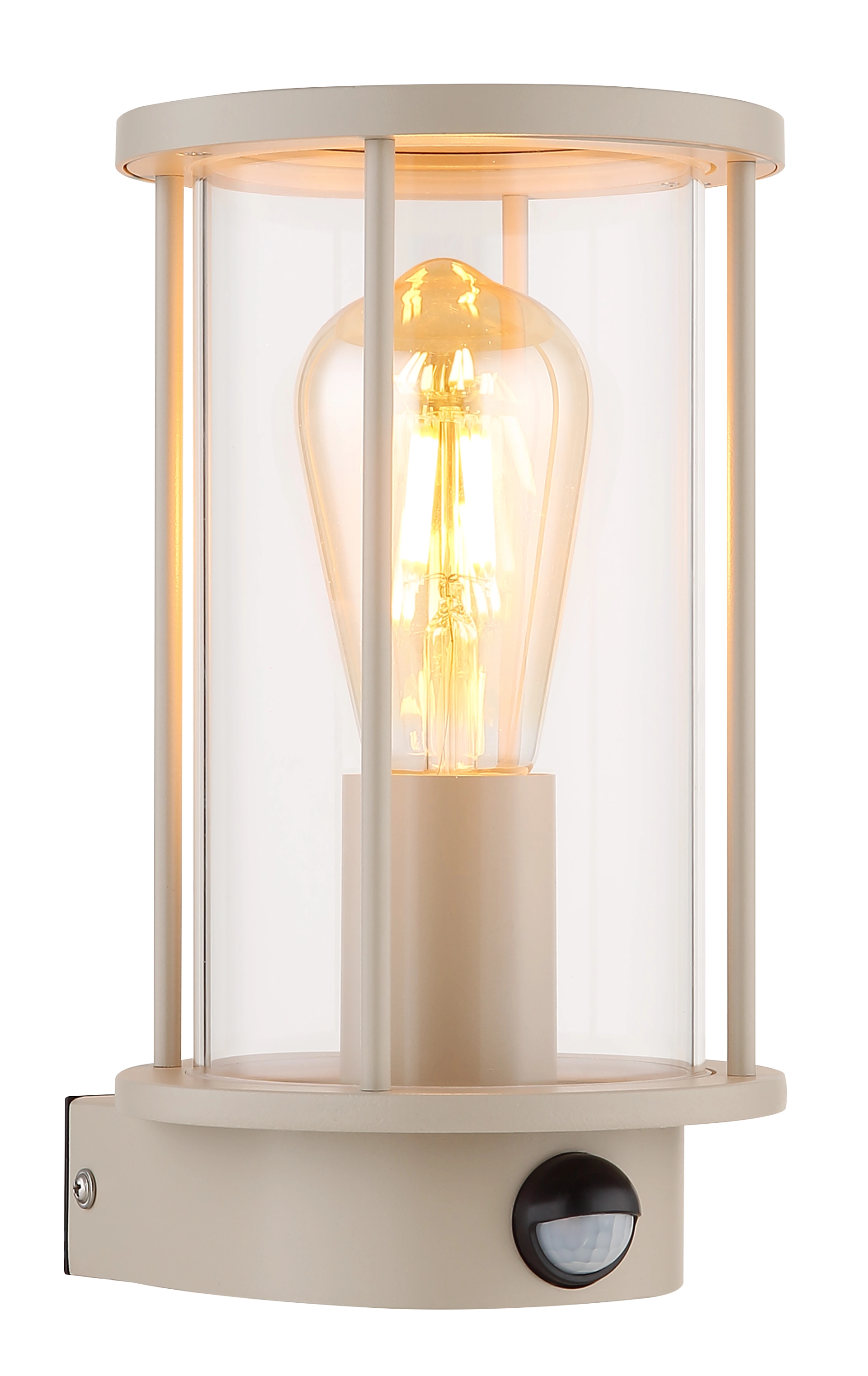 Luminaires extérieur GRACEY en acier inoxydable finition sable mat avec verre clair et ampoule à filament visible.