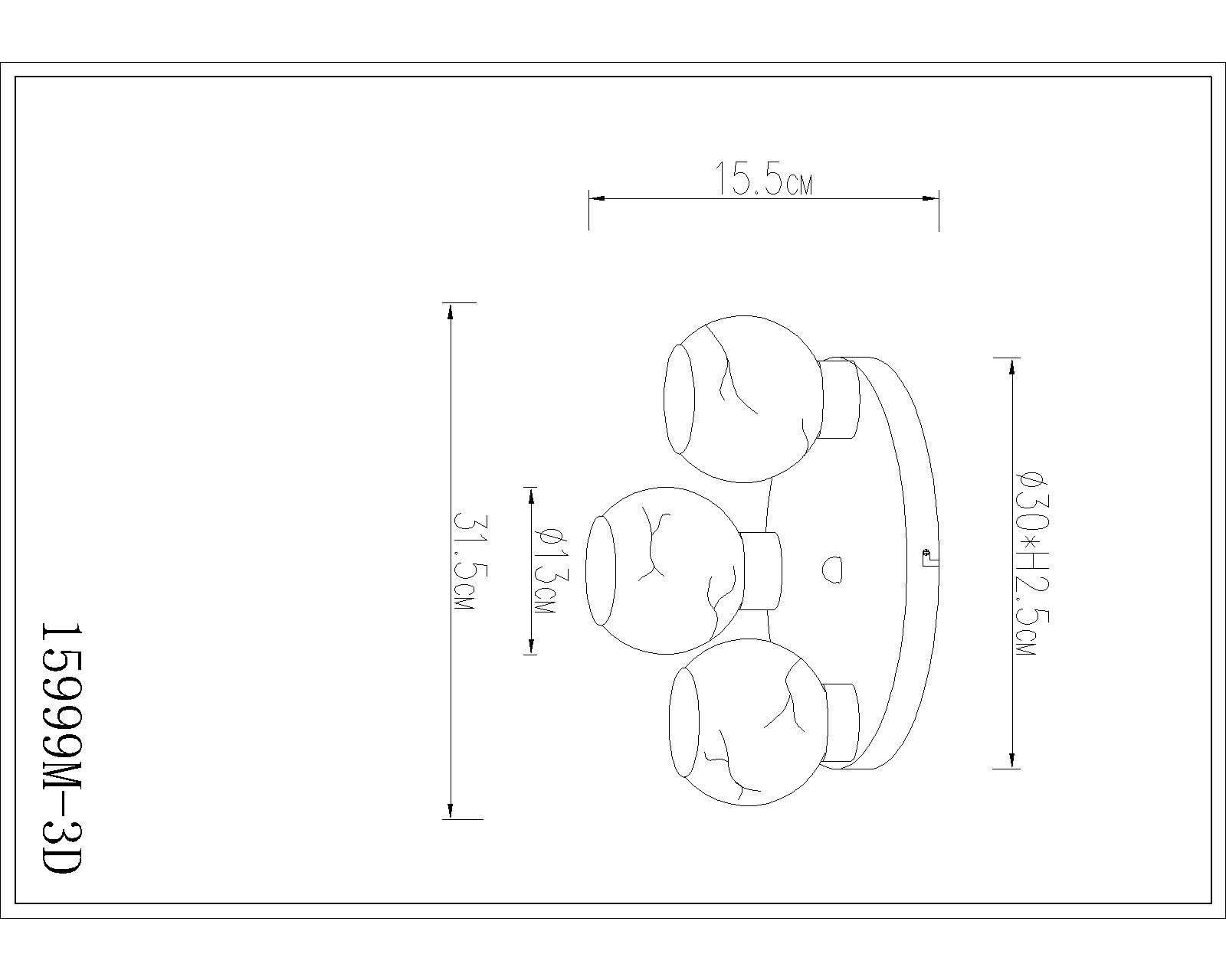 Technische Zeichnung: RAGUSA Deckenleuchte von Globo Handels GmbH, 3-flammig, Metall schwarz-chrom matt mit opalen Glaskugeln, Modell 15999M-3D; Maße ca. Ø30 x H12,5 cm, Montageplatte ca. 31,5 cm, Kugel Ø13 cm