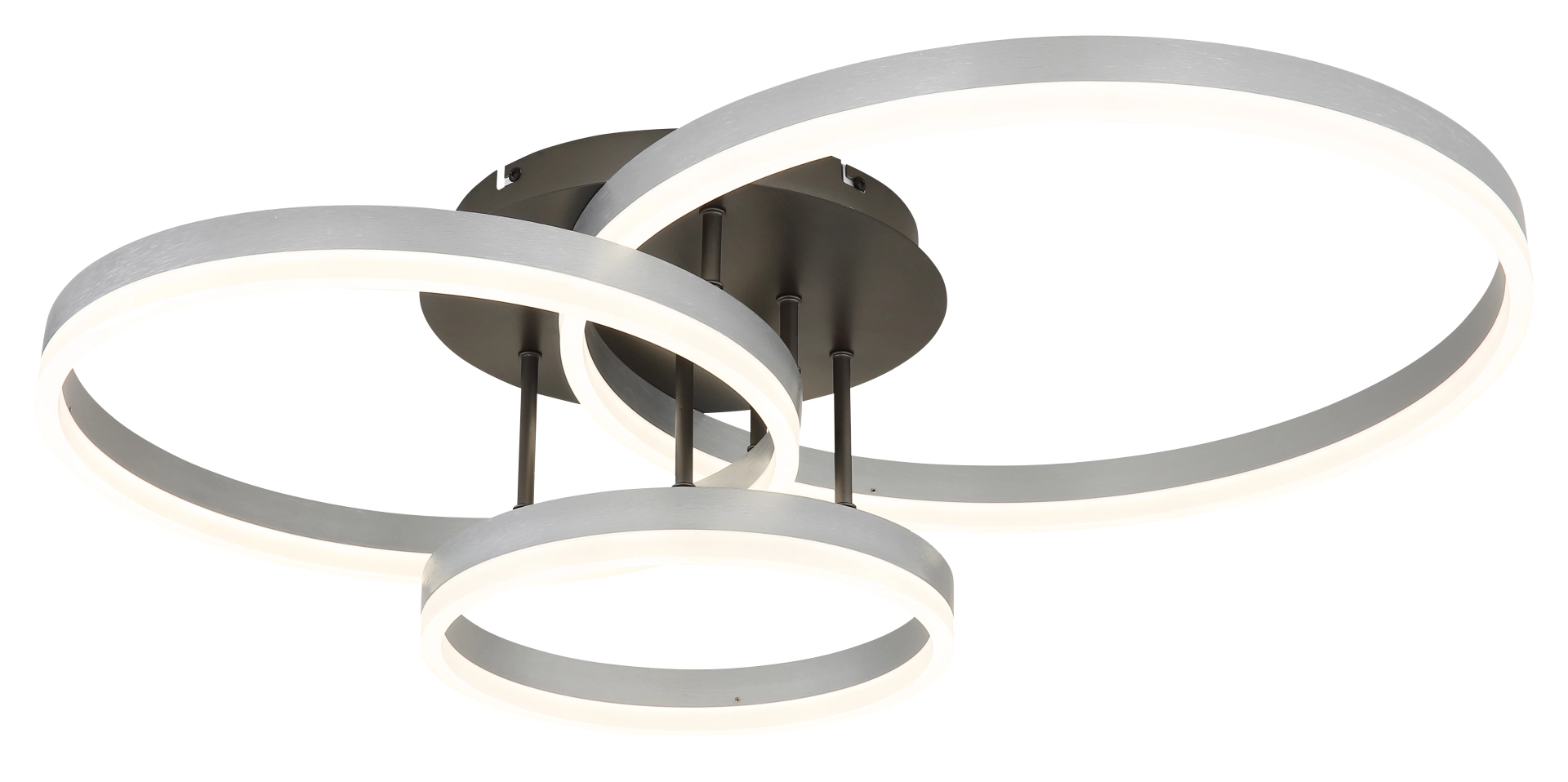 Moderne LED-Deckenleuchte ELORIA mit drei überlappenden Leuchtringen, Aluminium gebürstet, Modell 67385A-55 von Globo Handels GmbH – elegante Deckenlampe für Wohn- und Essbereich