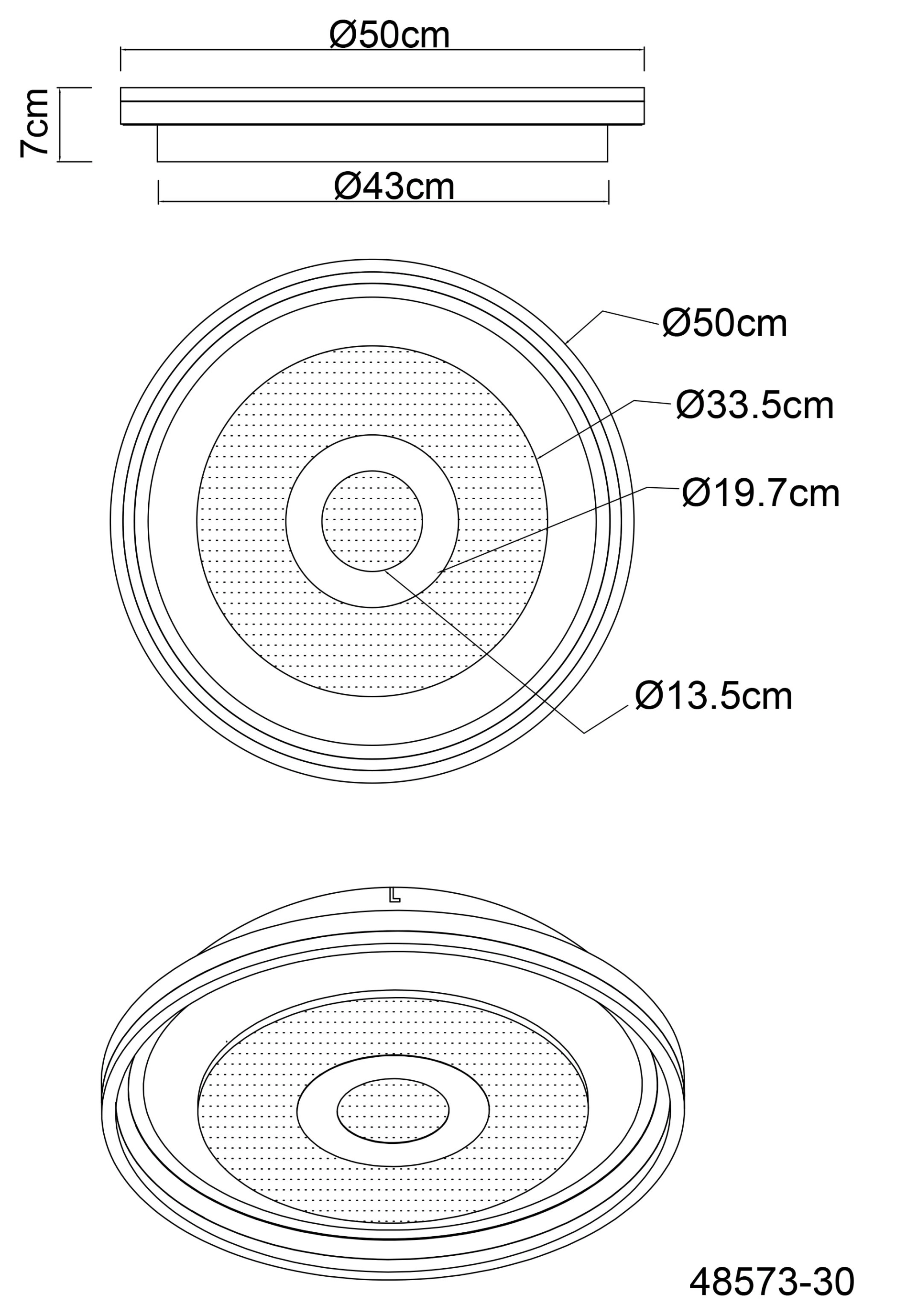 Technische Zeichnung der ADELA Deckenleuchte von Globo Handels GmbH: runde Leuchte aus gebürstetem Aluminium mit opalem Acryl, Maße Ø50 cm, Aufbau Ø43 cm, Höhe 7 cm, Ringe Ø33,5/19,7/13,5 cm, Modell 48573-30