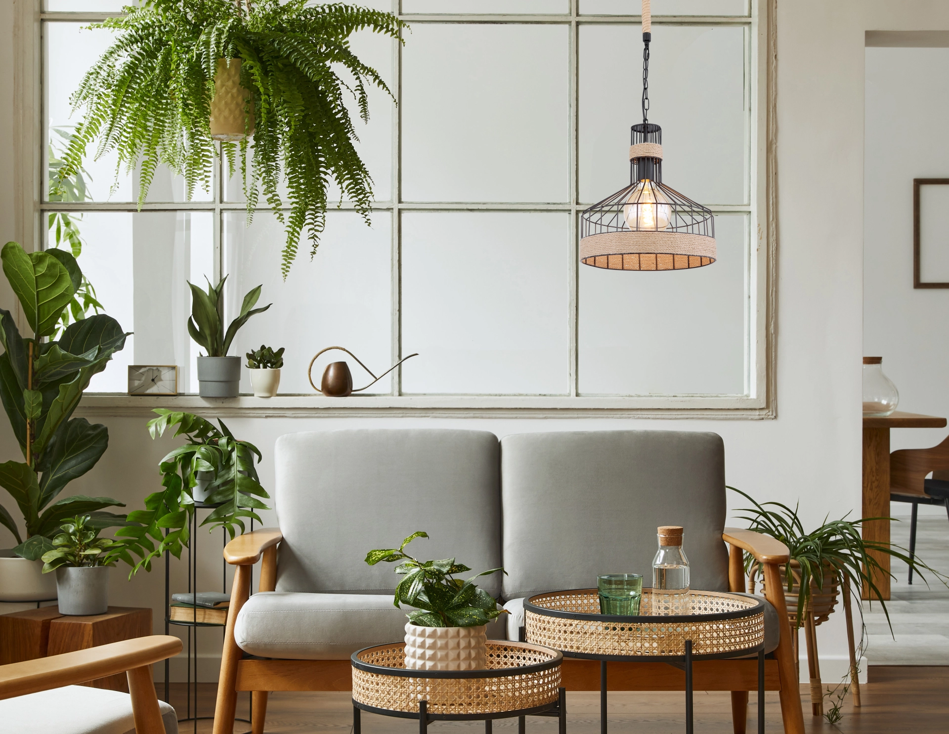 HALIA Pendelleuchte 135 cm, Schirm Ø35 cm aus schwarzem Metallgitter mit Hanfseil, über modernem Wohnzimmer; E27/max. 60W, LED-geeignet; Hersteller: Globo Handels GmbH; Modell 15675H1