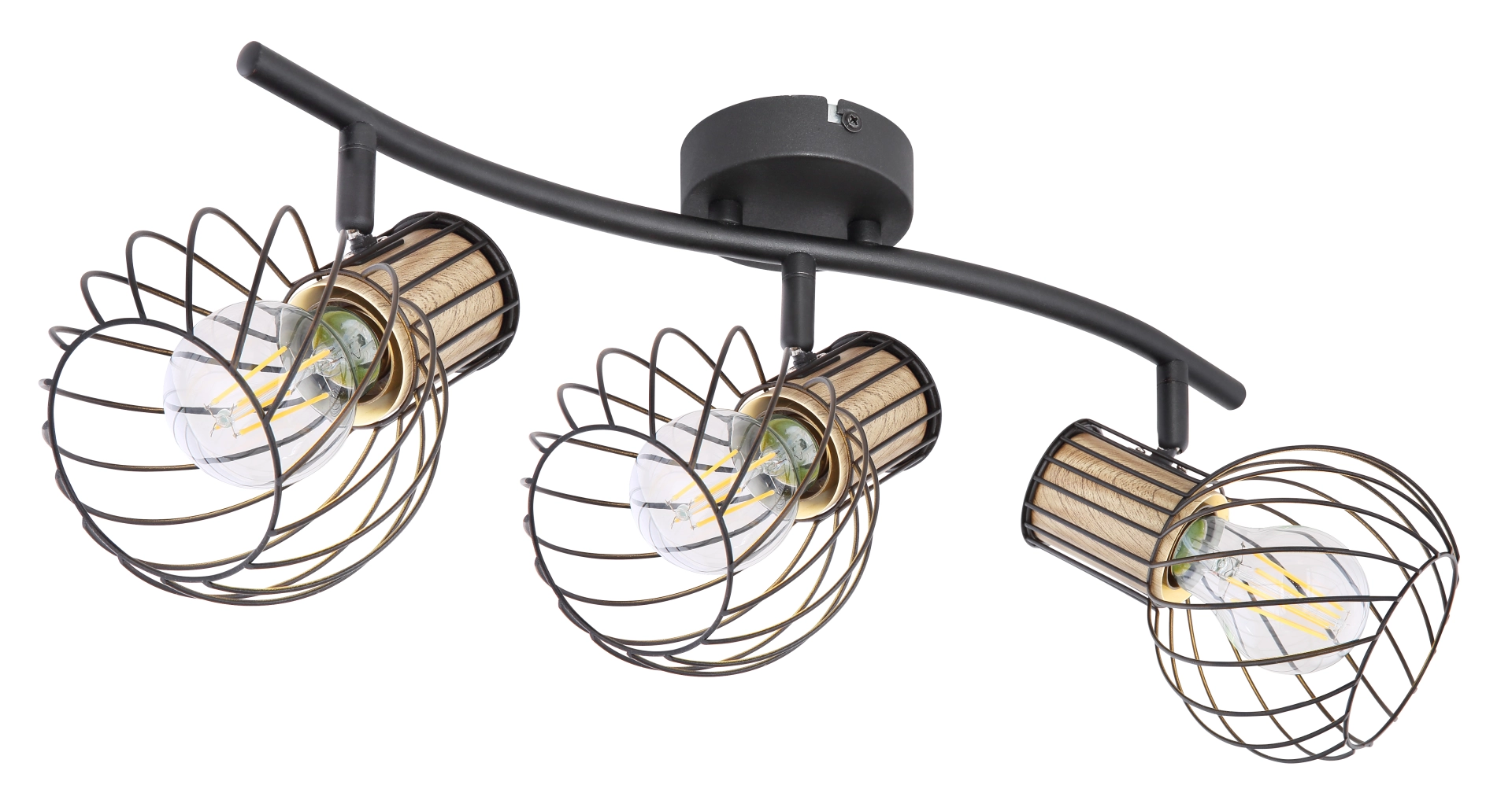Globo Handels GmbH LUISE Deckenstrahler, 3-flammig, Metall schwarz & Holz-Optik, geschwungene Drahtgitter-Schirme, E27 bis 40W, dimmbar und Leuchtmittel tauschbar, modern-klassischer Retrolook, Modell 54012-3DS