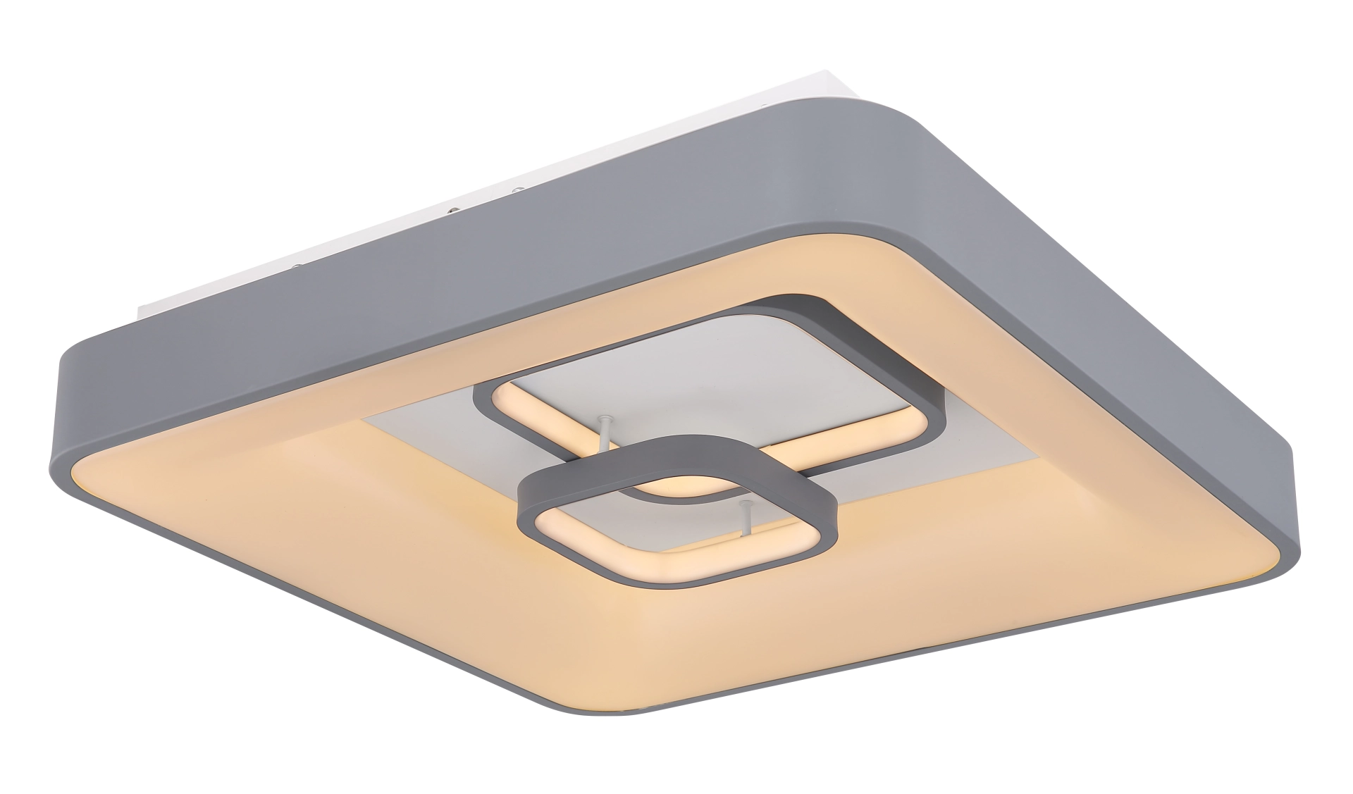 Quadratische LED-Deckenleuchte MAVY aus grauem Metall/Acryl, 50x50 cm, mit innenliegendem Lichtrahmen; dimmbar bis 1900 Lumen, Farbtemperatur 3000–6000 K, Memory-Funktion und Fernbedienung; Globo Handels GmbH, Modell 48416-50