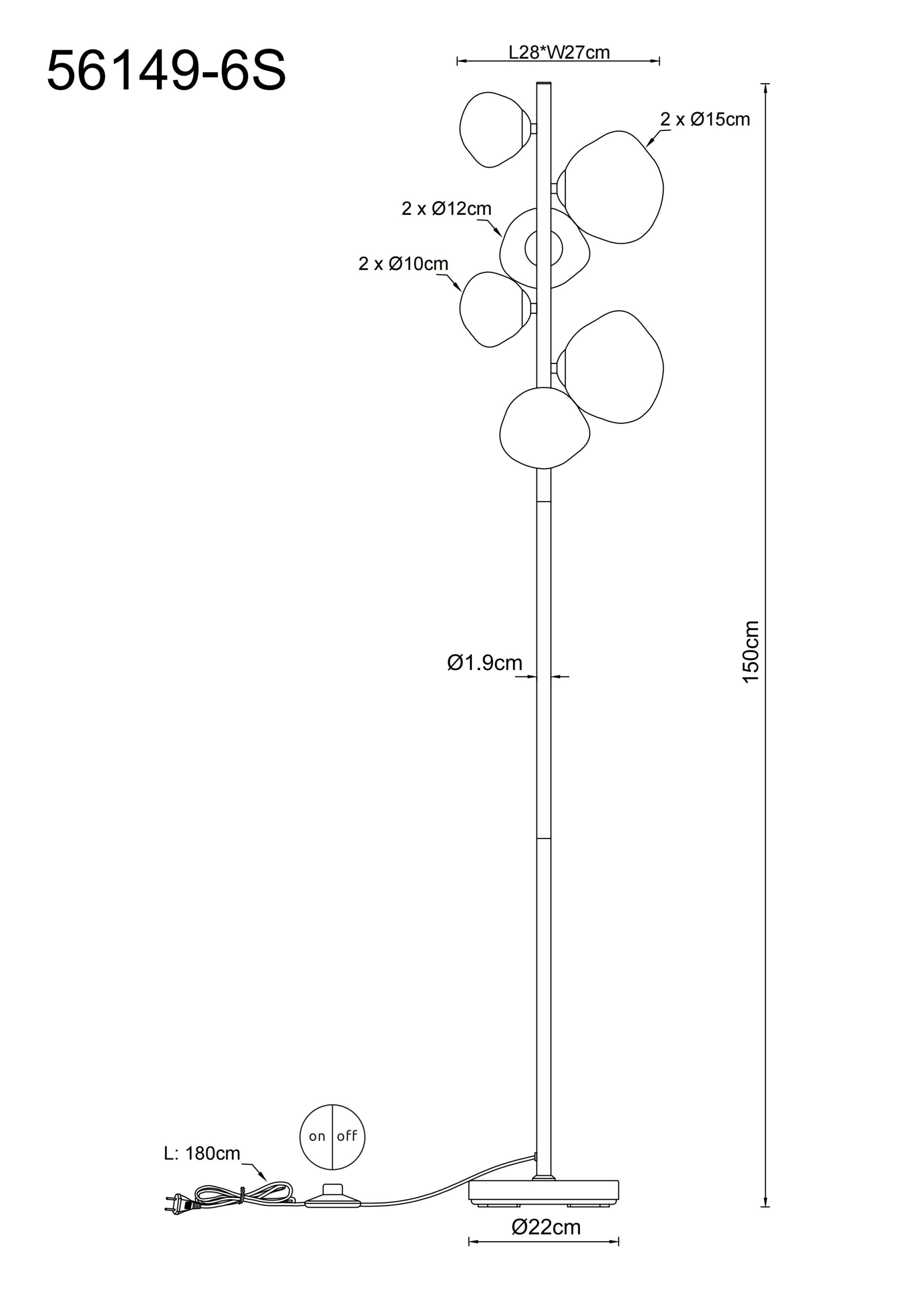 Technische Zeichnung der VELORA Stehleuchte von Globo Handels GmbH, Modell 56149-6S: Metall schwarz matt, Glas rauchfarben; Höhe 150 cm, Fuß Ø22 cm, Kabel 180 cm, Schirme Ø10/12/15 cm, Fußschalter on/off.
