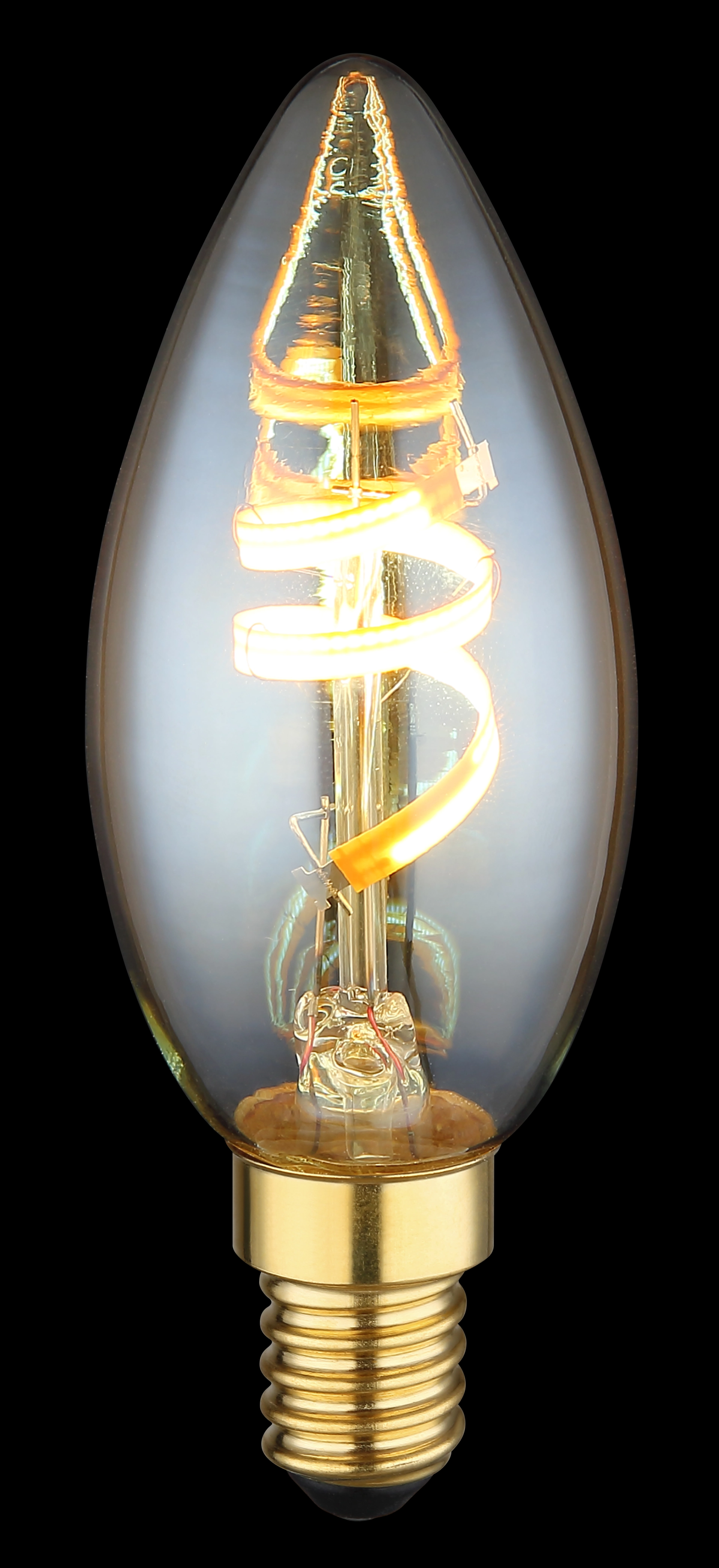 Produktfoto: LED-Leuchtmittel mit amberfarbenem Glas und spiraligem Filament in Kerzenform mit kleinem Schraubgewinde; Modell 11330D von Globo Handels GmbH – ideal für warmes Dekolicht.