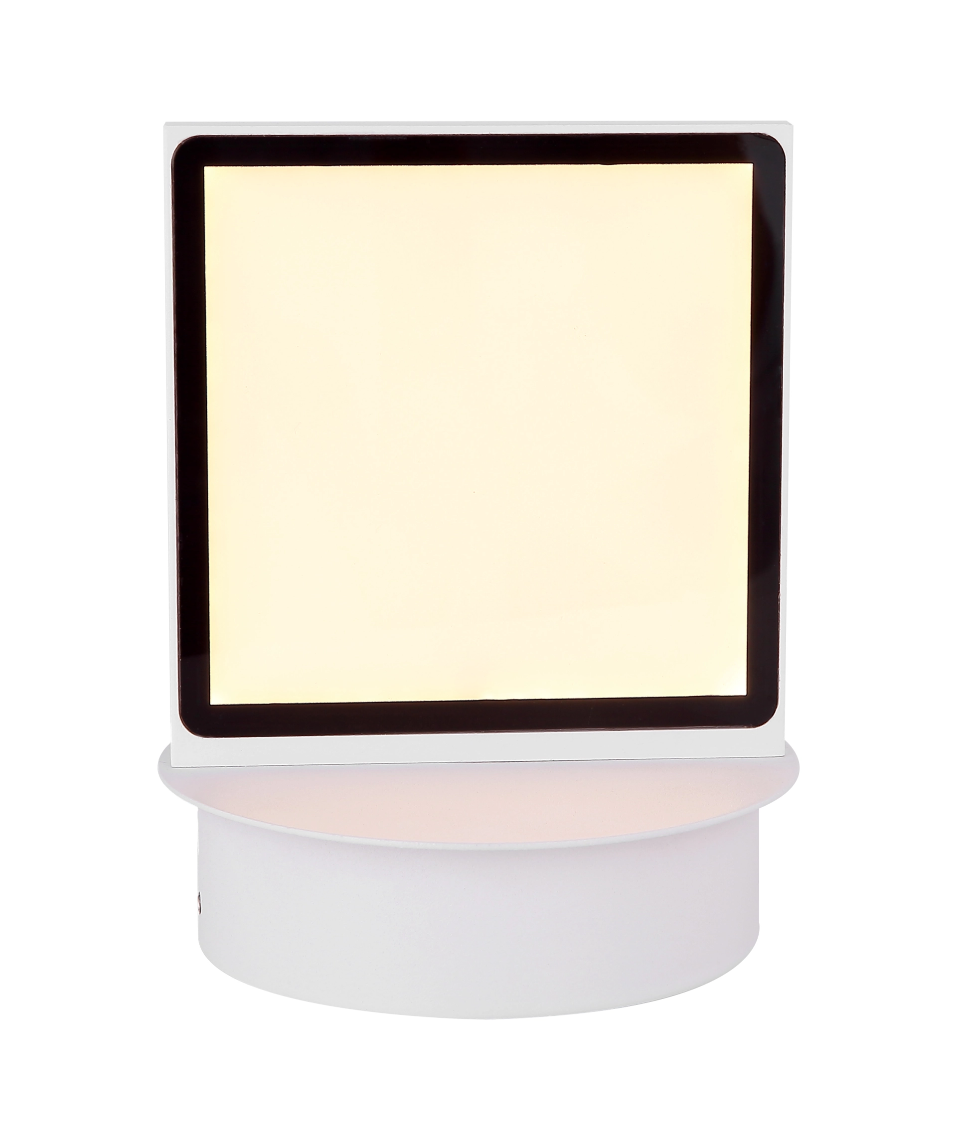 Weiße LED-Wandleuchte aus Metall mit opalem Rechteck-Lichtfenster; warmweiß 3000K, 430 lm, Ø115 mm. Produkt: WANDLEUCHTE METALL WEIß, 1XLED von Globo Handels GmbH, Modell 56009W – modernes, gemütliches Wandlicht.