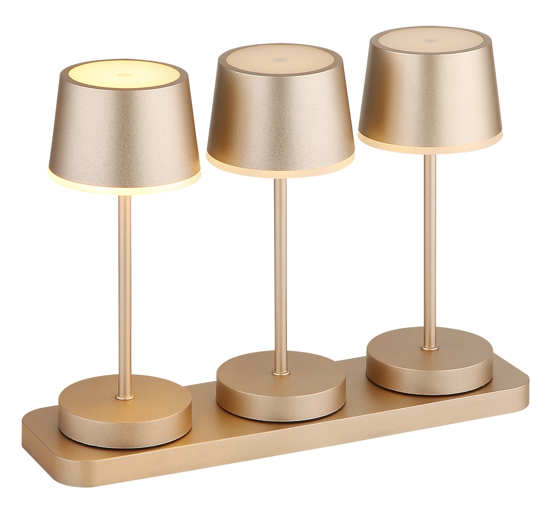 Dreiteilige Tischleuchte DAWSON aus champagnerfarbenem Metall mit passenden Schirmen, Base- und Standplatten – Globo Handels GmbH