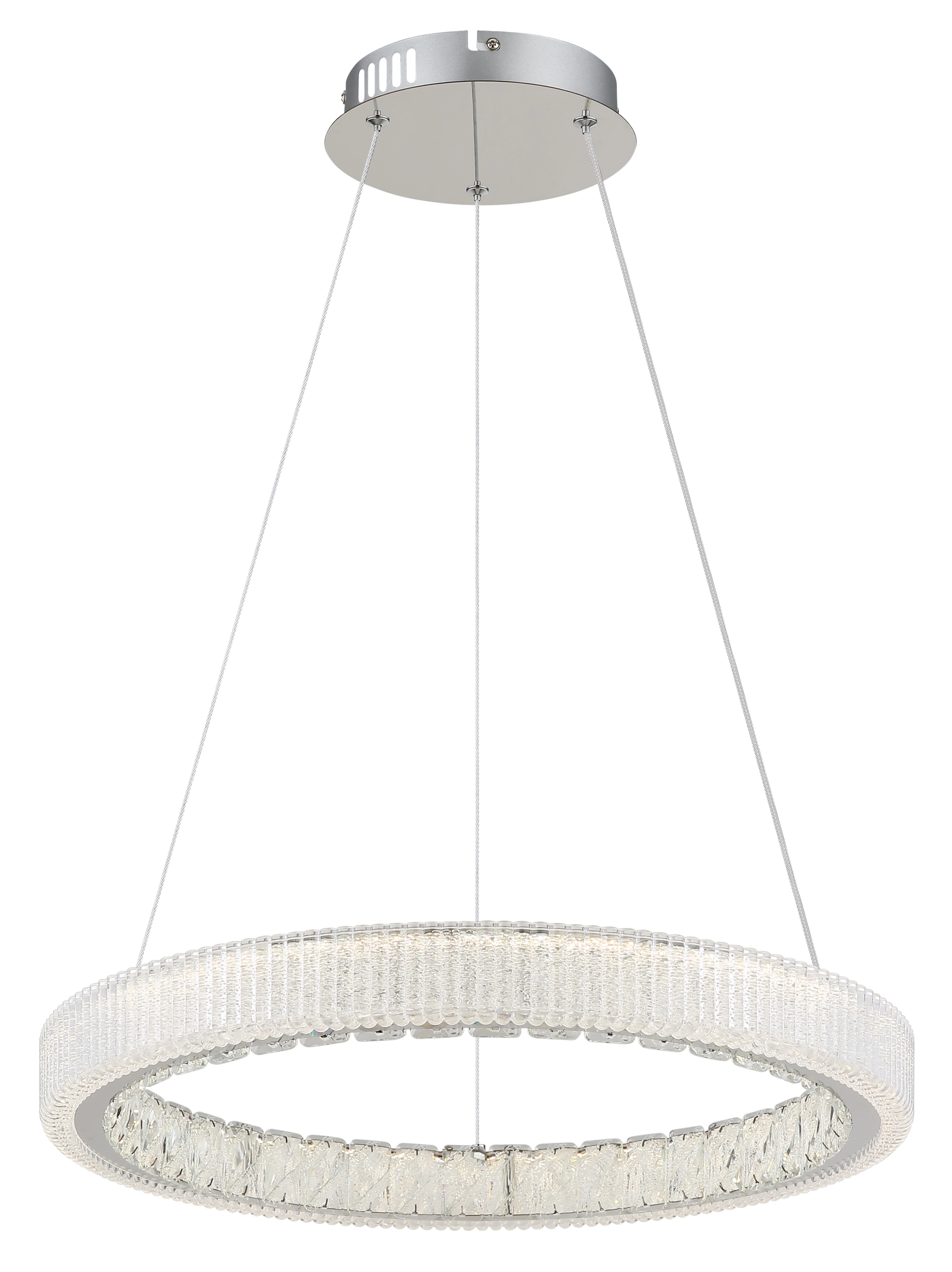 Produktfoto der LUMINARA Hängeleuchte: runde Ring-Pendelleuchte mit verchromtem Edelstahl-Baldachin und transparentem Acrylring mit Kristall-Effekt, feine Seilabhängung; Hersteller Globo Handels GmbH, Artikel 67395-36