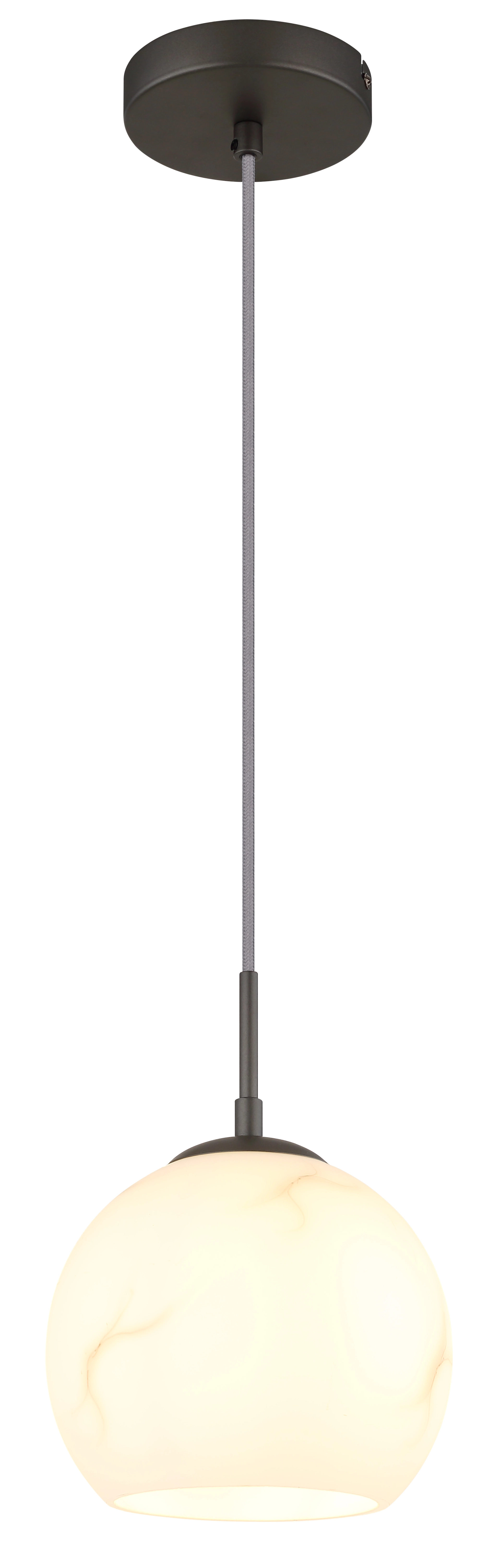 Produktbild: RAGUSA Pendelleuchte 15999MH von Globo Handels GmbH, runde opale Glaskugel, Baldachin und Fassung in schwarz-chrom matt, textile Zuleitung – moderne Einzelleuchte für Esstisch, Küche oder Flur