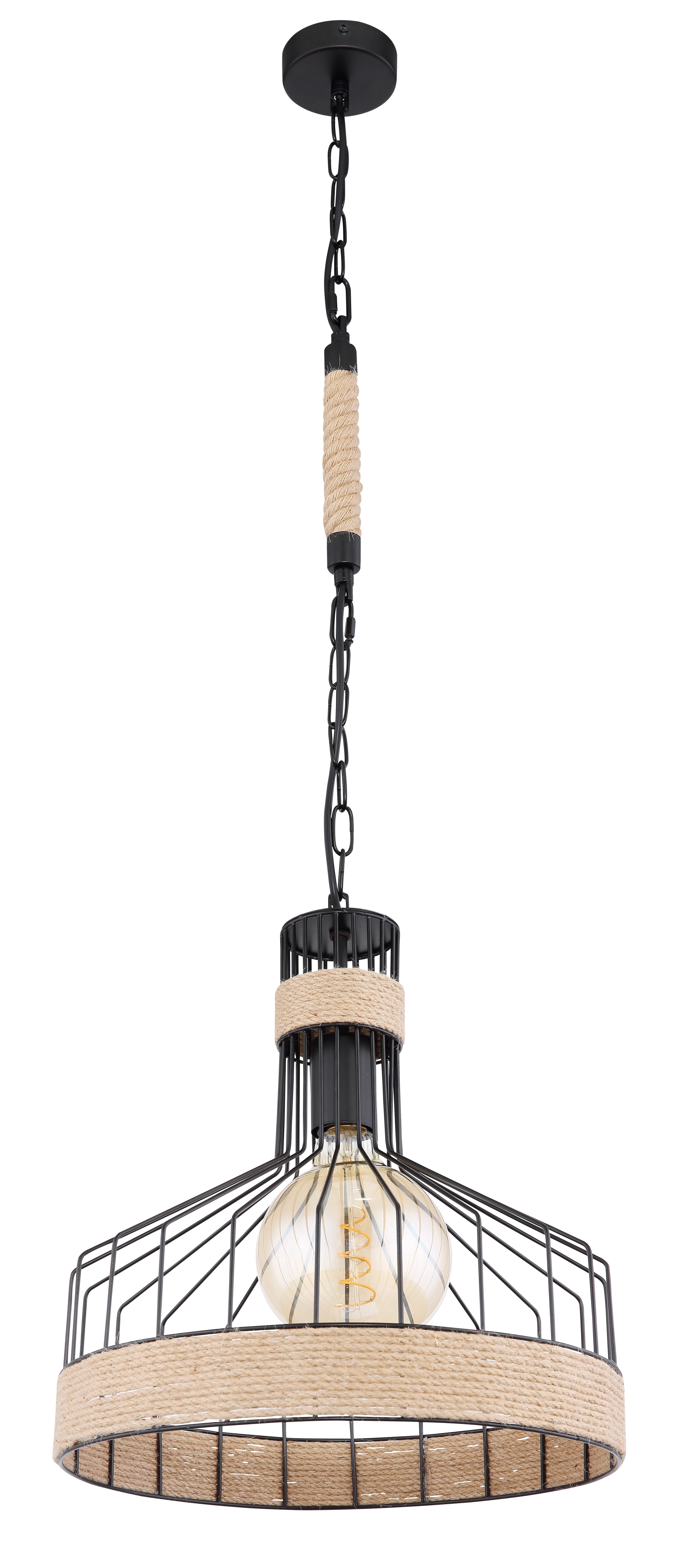 HALIA Pendelleuchte von Globo Handels GmbH: schwarzer Metall-Gitterschirm mit Hanfseil, offene E27-Fassung (LED geeignet), Ø 35 cm, Gesamtlänge 135 cm, Modell 15675H1 – ideal für Küche oder Esszimmer im Industrial-Stil