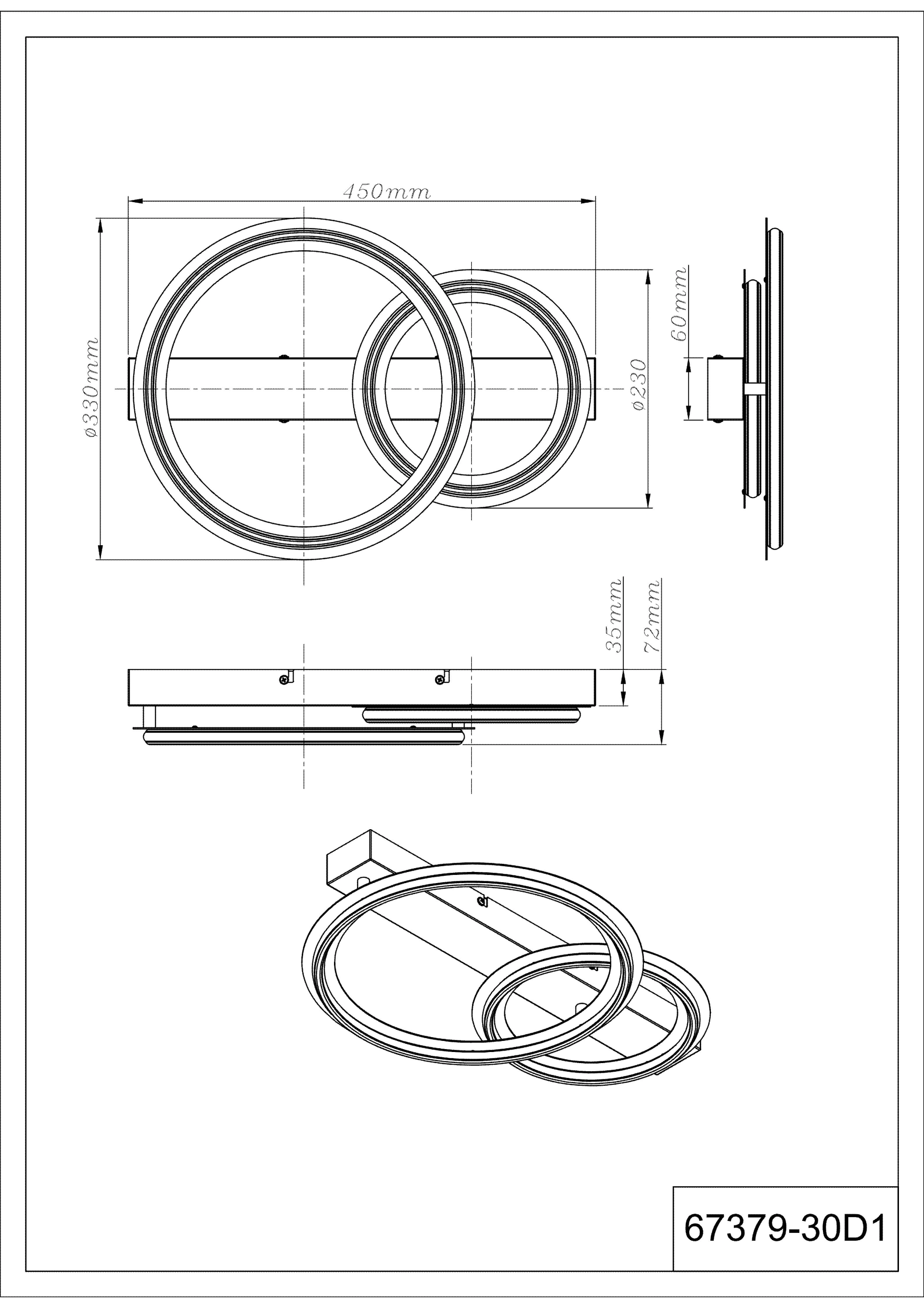 Technische Zeichnung der Deckenleuchte ELAN von Globo Handels GmbH: 2 Leuchtringe Ø330/Ø230 mm, Breite 450 mm, Höhe 60 mm, Material Metall & Aluminium schwarz-chrom matt, Modell 67379-30D1