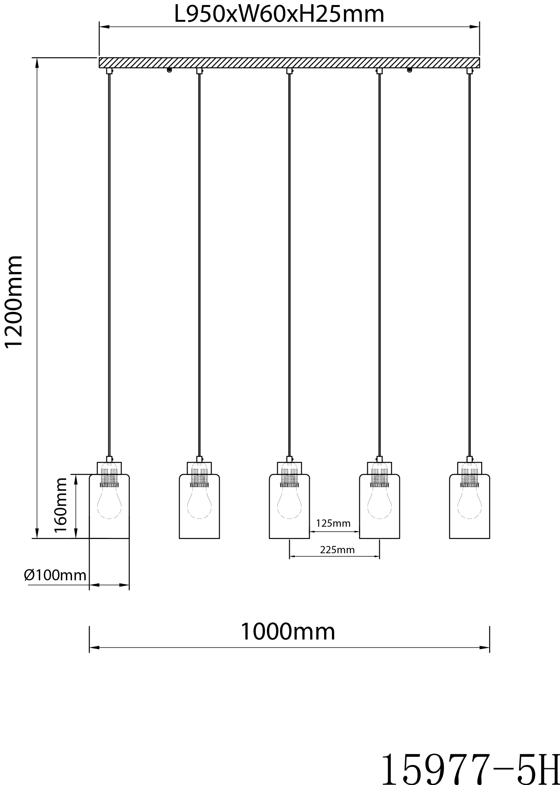 Technische Zeichnung: ROWENA Pendelleuchte Holz/Glas, braun, 5-flammig für Esstisch; Maße: Länge 1000 mm, Wandschild 950x60x25 mm, Abhängung 1200 mm, Schirme Ø100 x 160 mm; 5x E27, dimmbar via Leuchtmittel, Globo Lighting.