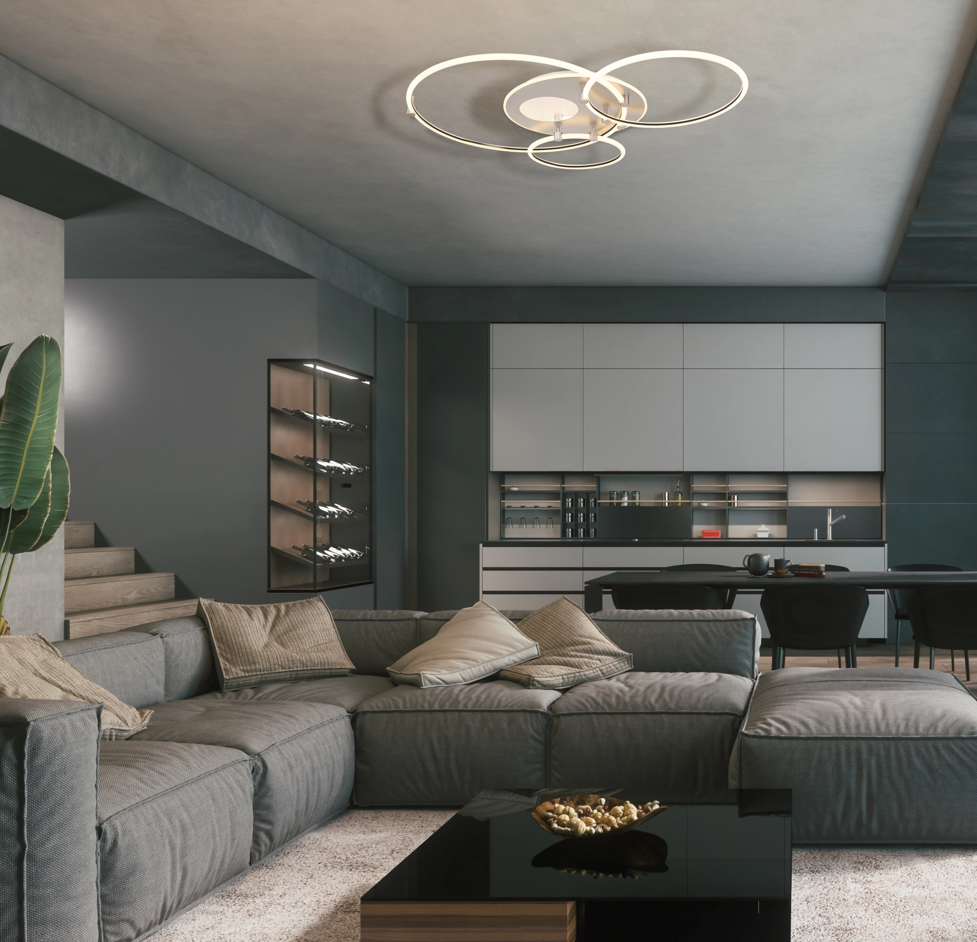 Abgebildet ist die Deckenleuchte DEON von Globo Lighting in einem modernen Wohnzimmer: drei versetzte LED-Ringe mit 3D-Tunnel-Effekt, mattweiß und gebürstet grau; opale Diffusoren; dimmbar, CCT 3000–6500 K, 8400 lm – elegante Deckenbeleuchtung