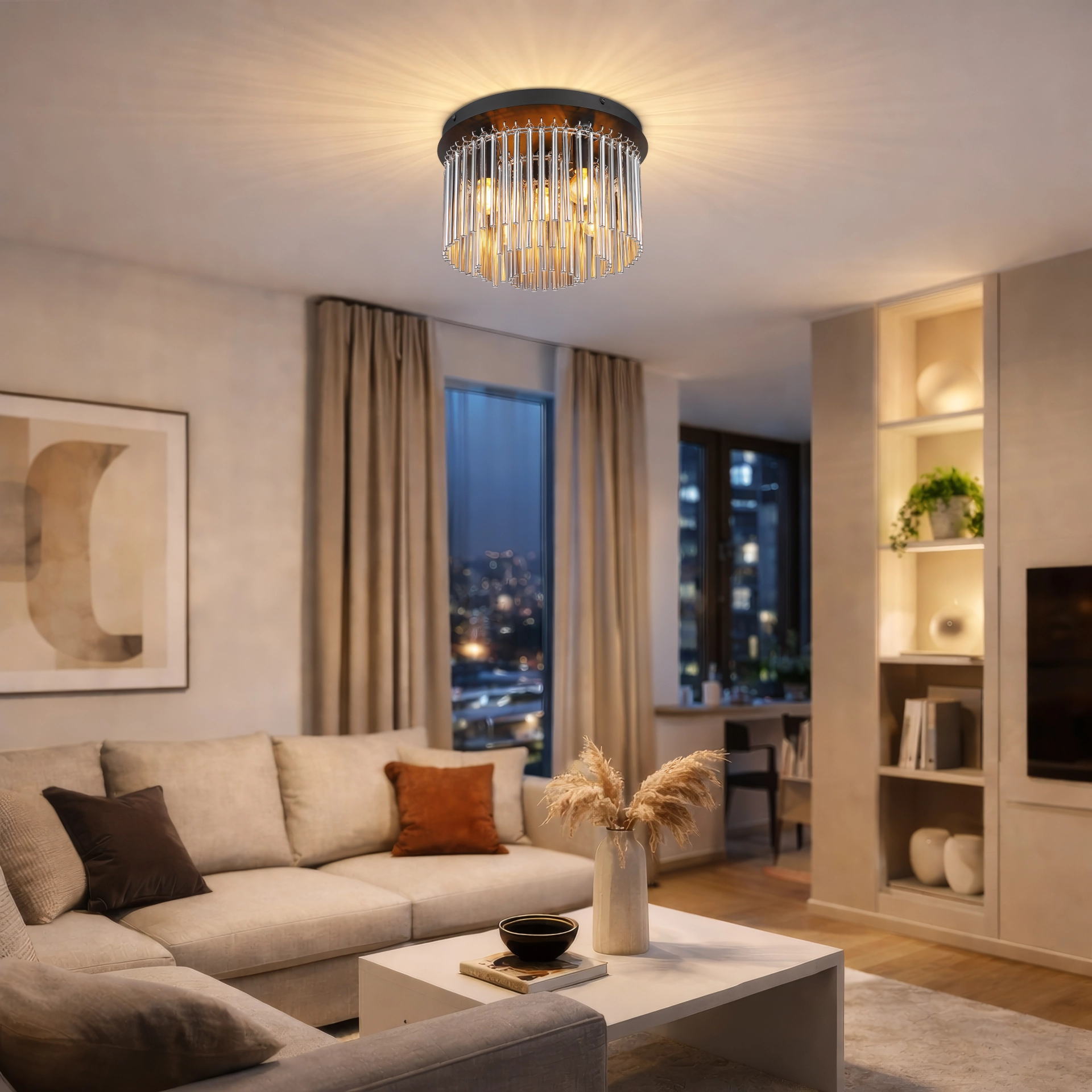 Plafonnier GORLEY au plafond : corps rond en métal noir mat avec accents chromés et baguettes de verre fumé ; Ø320 mm, H230 mm ; E14 jusqu’à 40 W. Fabricant : Globo Handels GmbH. Modèle 15698D.