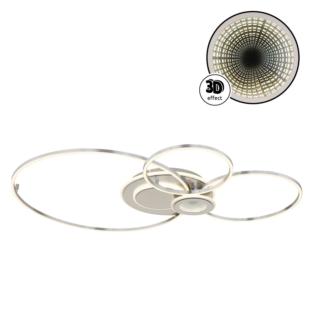 BELTRAN Deckenleuchte mit drei filigranen Leuchtenringen in silber-matter Oberfläche. Modernes Design mit 65 cm und 38,8 cm Durchmesser, 3D-Effekt aus opalem Kunststoff und Acryl, hochwertiges Lichtkonzept von Globo.
