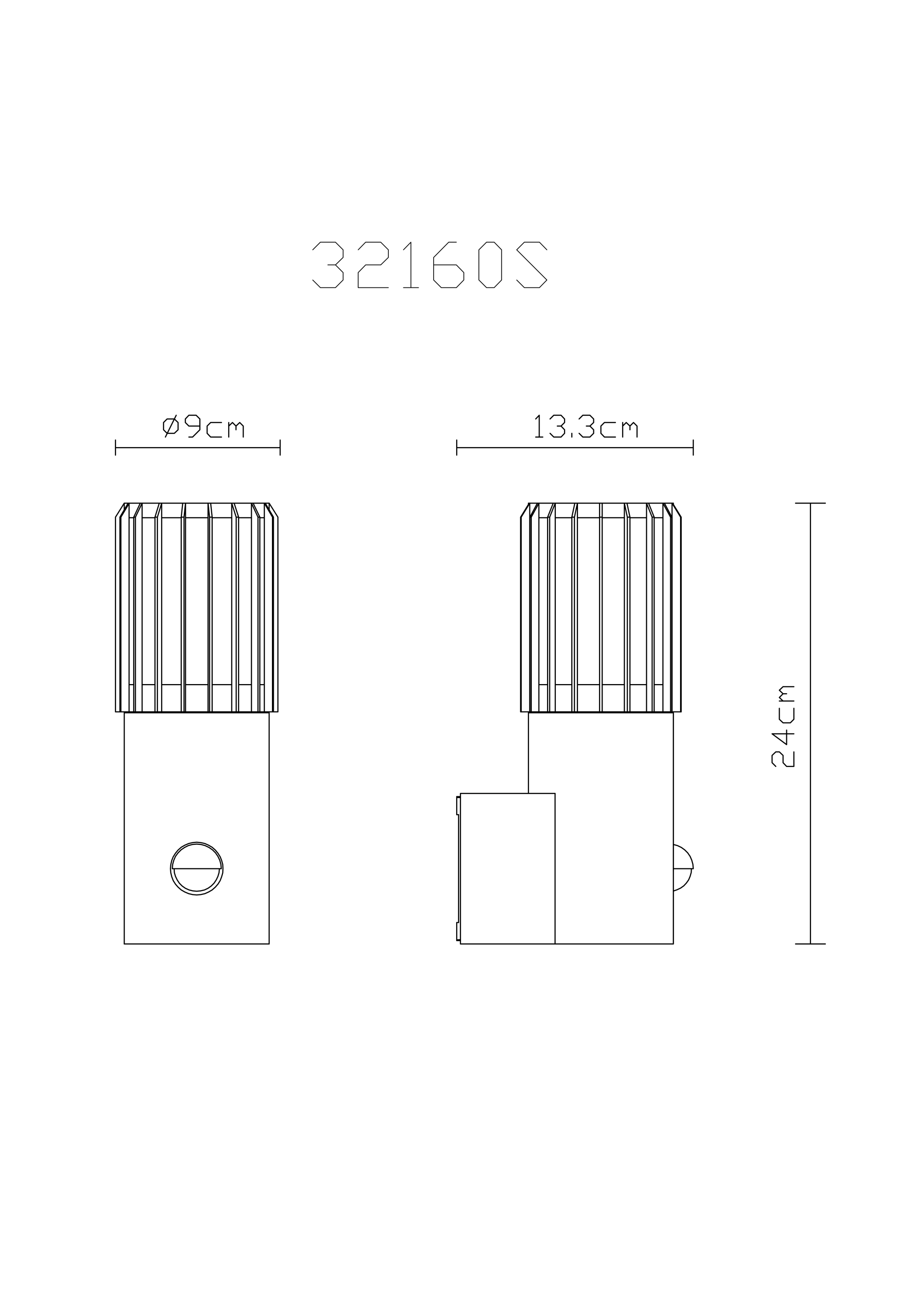 Technische Zeichnung der MERVIN Außenleuchte 32160S von Globo Handels GmbH – Maße: Höhe 24 cm, Tiefe 13,3 cm, Ø 9 cm – Material: Aluminium anthrazit matt, Kunststoff opal