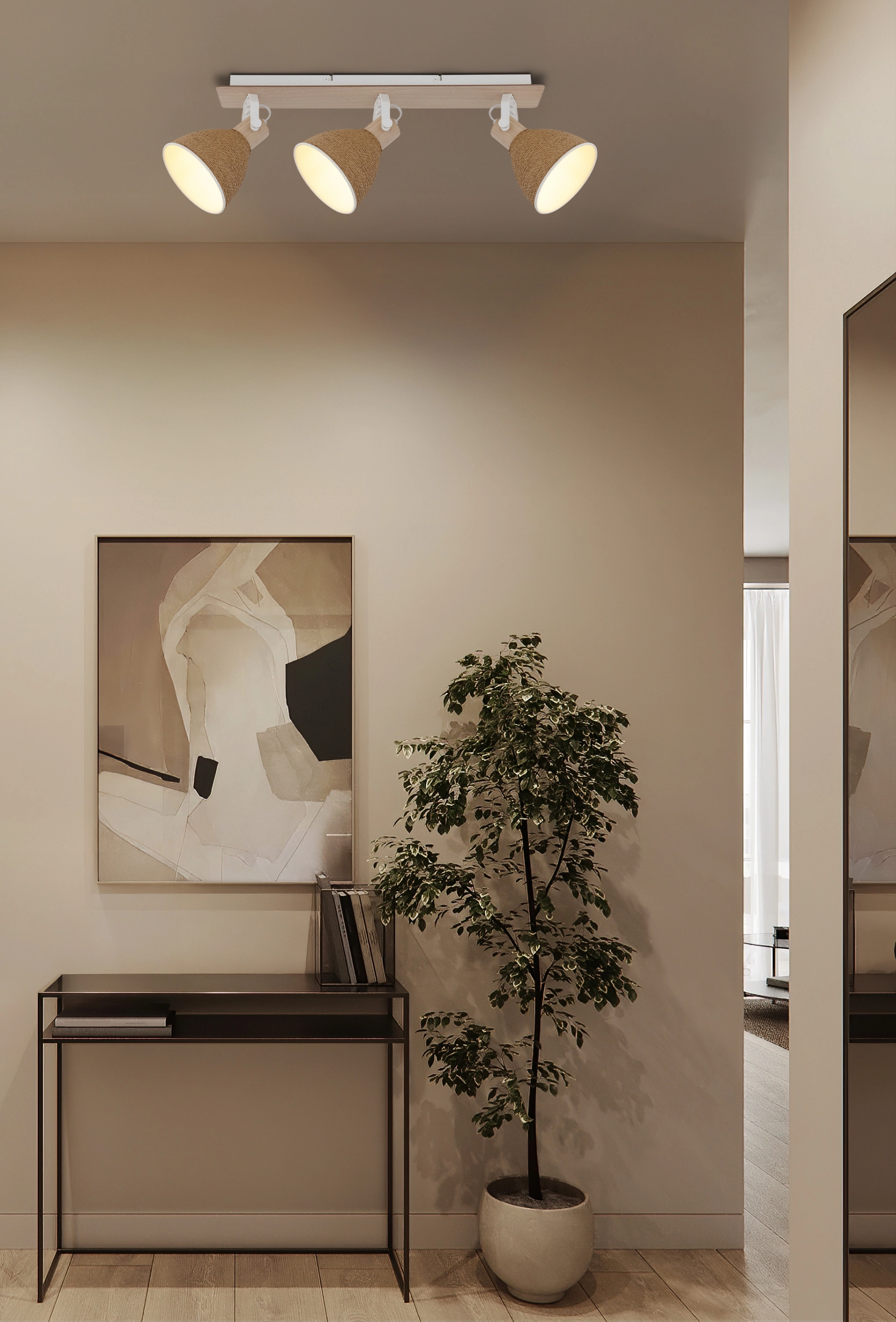 LYNDON three-light ceiling spotlight with wood-look base, matte white metal body and paper cord shades; warm directional lighting for hall or living room | Globo Handels GmbH, 16466-3