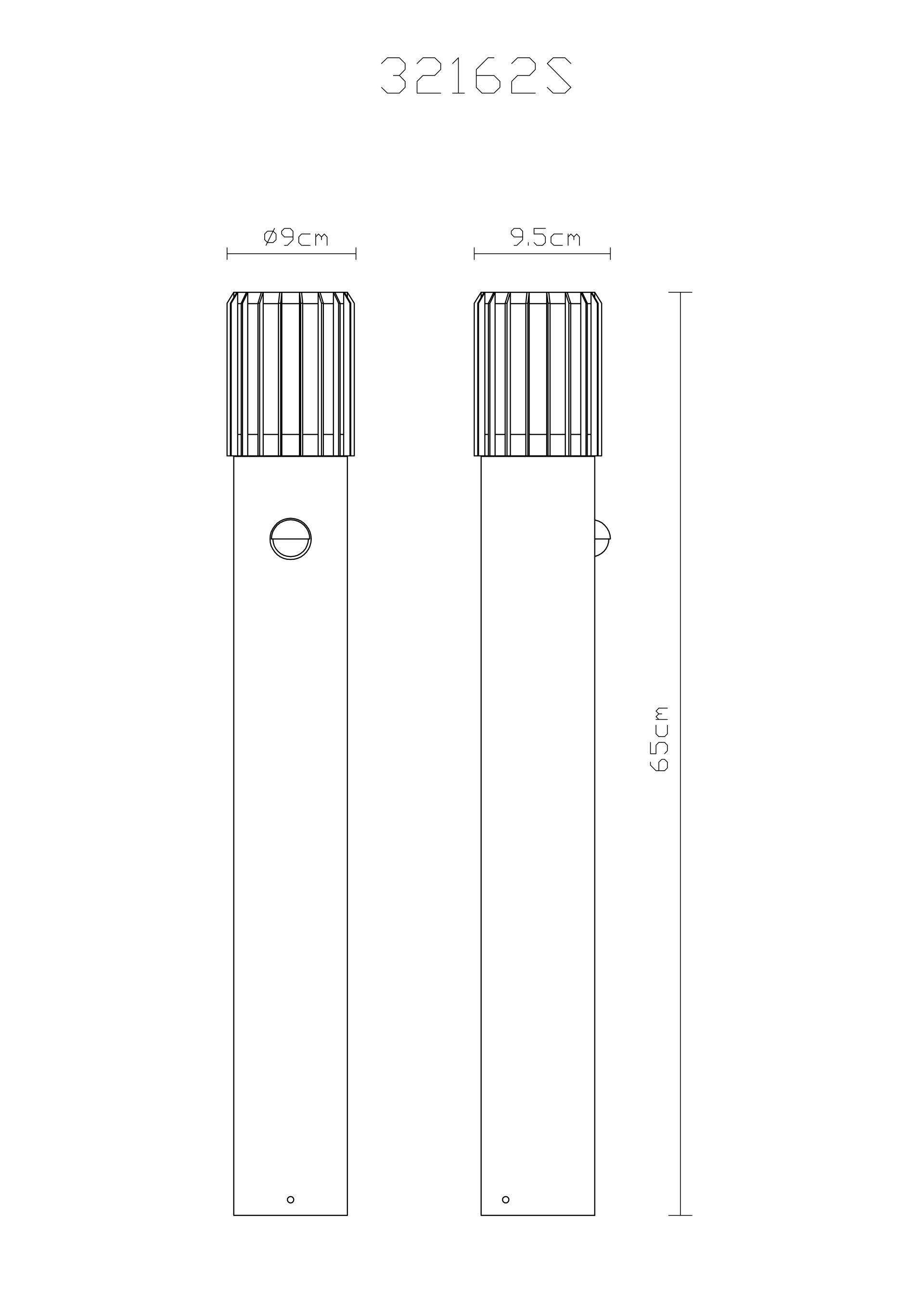 Technische Zeichnung: MERVIN Außenleuchte (Pollerleuchte) 32162S aus Aluminium anthrazit matt mit opalem Kunststoff, Höhe 65 cm, Ø 9 cm – Hersteller Globo Handels GmbH