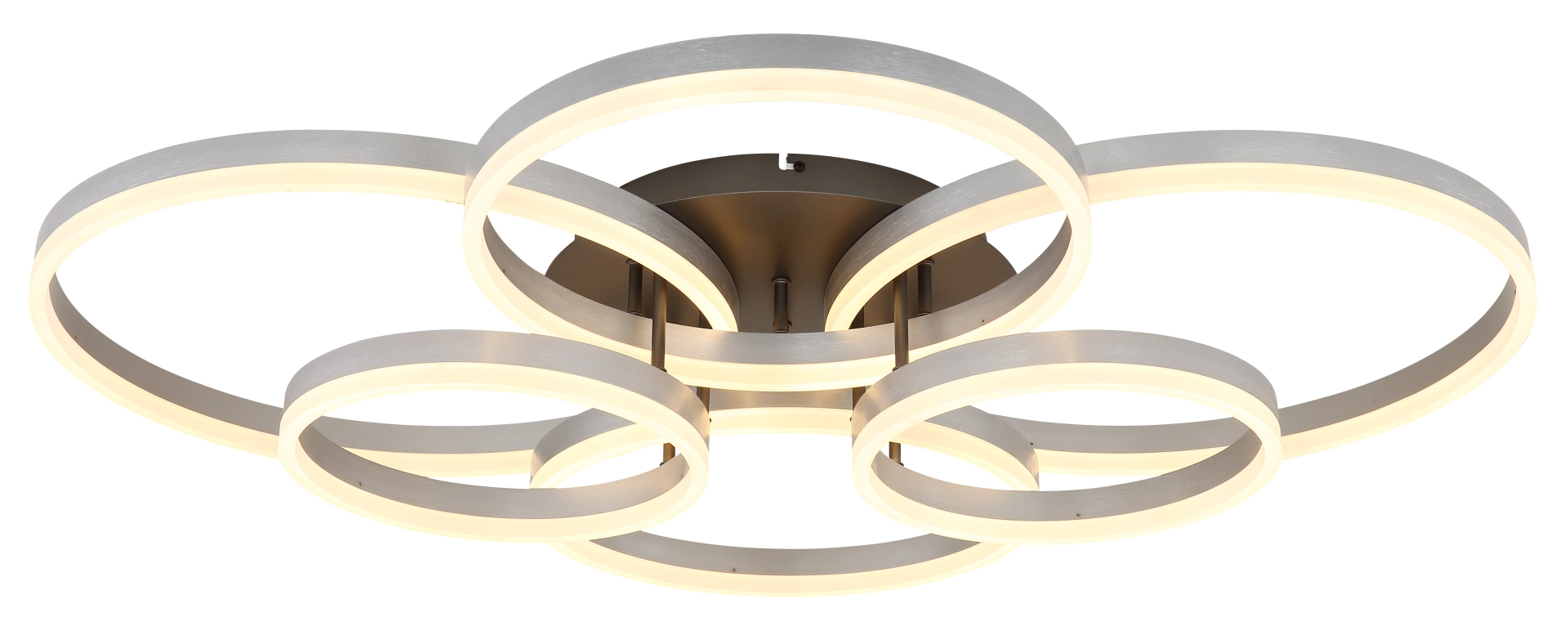 Bild der ELORIA LED-Deckenleuchte aus gebürstetem Aluminium mit fünf leuchtenden Ringen, moderne Innenbeleuchtung, Hersteller Globo Handels GmbH, Artikelnummer 67385A-115