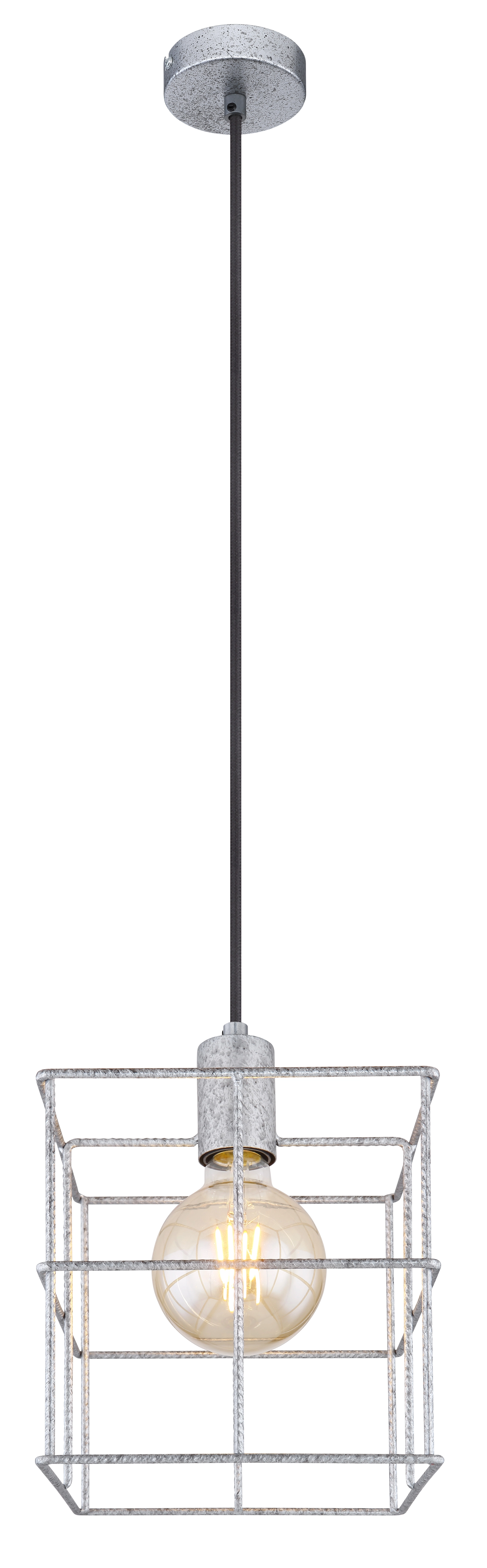 Quadratische Pendelleuchte MERRIL von Globo Handels GmbH: zinkfarbenes Metallgitter 20x20 cm mit E27-Fassung am schwarzen Kabel, höhenverstellbar bis 150 cm; Leuchtmittel frei wählbar; Modell 15530Z-1H