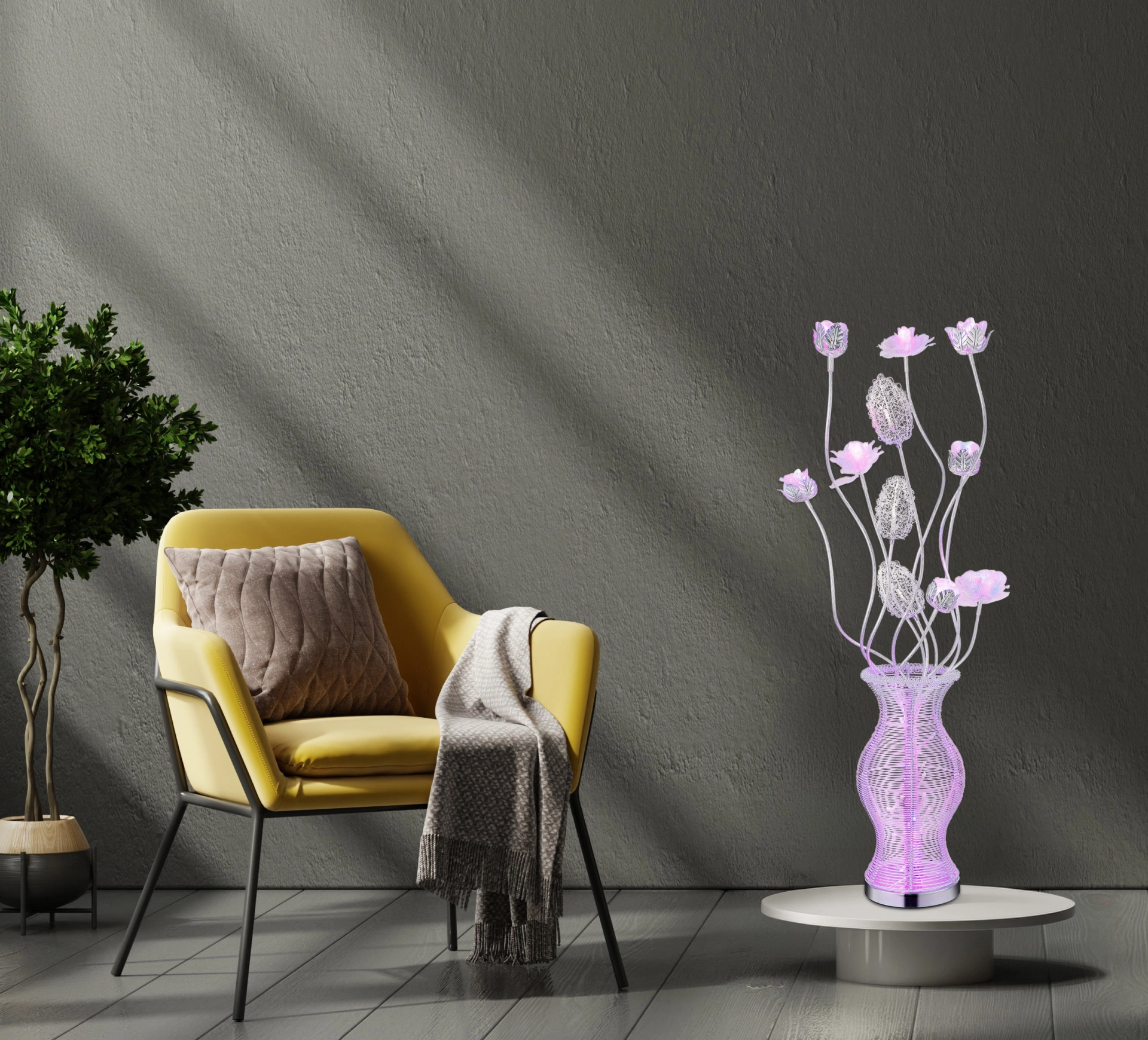 Lampe de table décorative FLORIELLE en aluminium argenté et plastique transparent, design floral, lueur chaude/rosée ; fabricant Globo Handels GmbH, modèle 21100T – éclairage d’ambiance pour le salon.