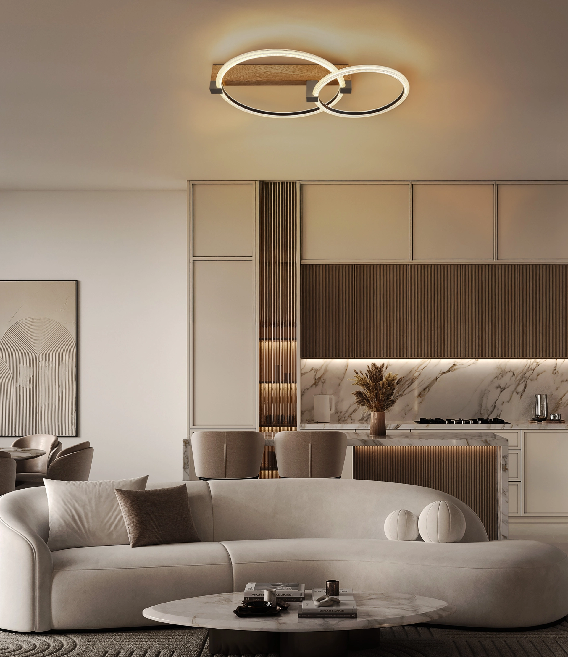 Plafonnier FLETCHER à deux anneaux LED en métal or mat et aspect bois, 24W 1920 lm, blanc chaud 3000K, format plat 580x400x65 mm; idéal salon, salle à manger ou chambre; fabricant Globo Handels GmbH, 48050D1