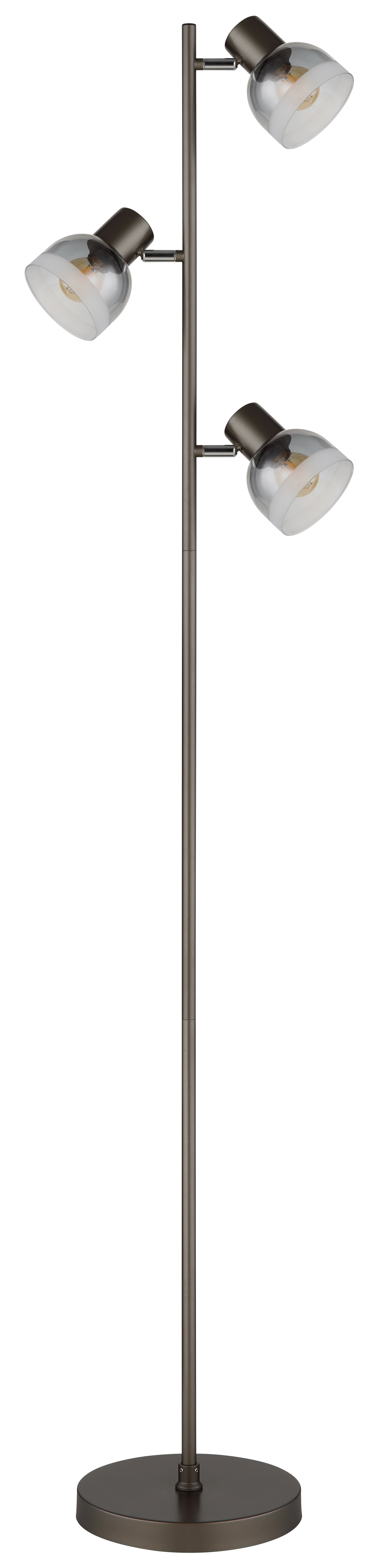 Produktbild: KAIRO Stehleuchte von Globo Handels GmbH, Modell 54048-3S. Schlanker Standfuß mit drei verstellbaren Spots, Metall schwarz‑chrom matt und rauchfarbenes Glas – moderne Design-Bodenlampe fürs Wohnzimmer.
