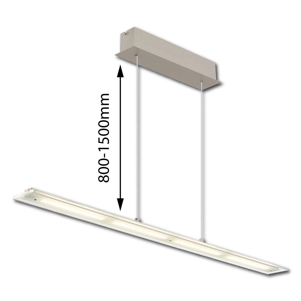 NOVAK Pendelleuchte von Globo Handels GmbH: sandfarbener, gerader Balken aus Glas/Metall, klare & satinierte Flächen, über zwei Seile Soft-Lift höhenverstellbar 800–1500 mm, CCT 3000–6500 K, Touchdimmer – ideal für Esstisch/Kücheninsel.