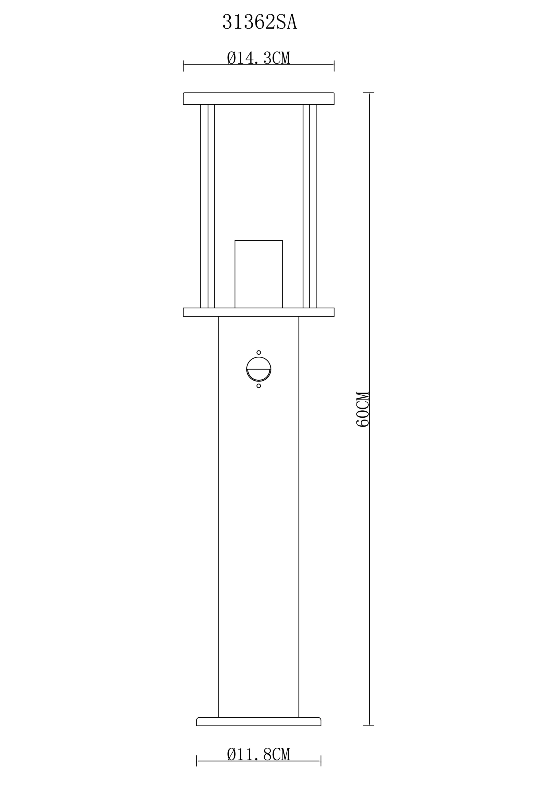 Schéma technique du luminaire borne d’extérieur GRACEY 31362SA de Globo Handels GmbH, acier inox sablé mat avec verre clair, hauteur 60 cm, Ø 14,3/11,8 cm.