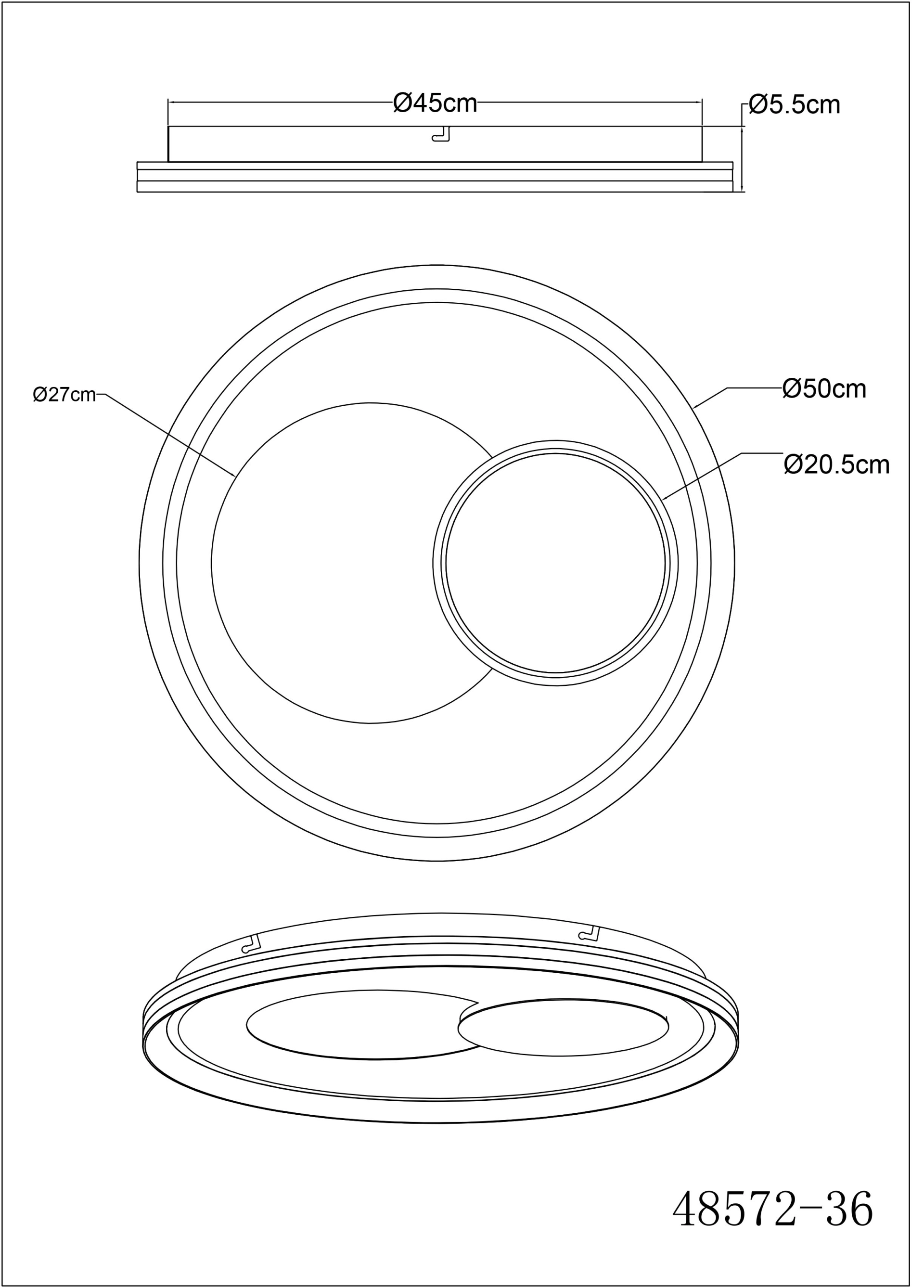Technische Zeichnung JUTA Deckenleuchte 48572-36 von Globo Handels GmbH: runde LED-Deckenlampe, Ø50 cm, Höhe 5,5 cm, Innenkreise Ø27/Ø20,5 cm, Material Metall sandfarben matt mit champagnerfarbenen Acrylkristallen.