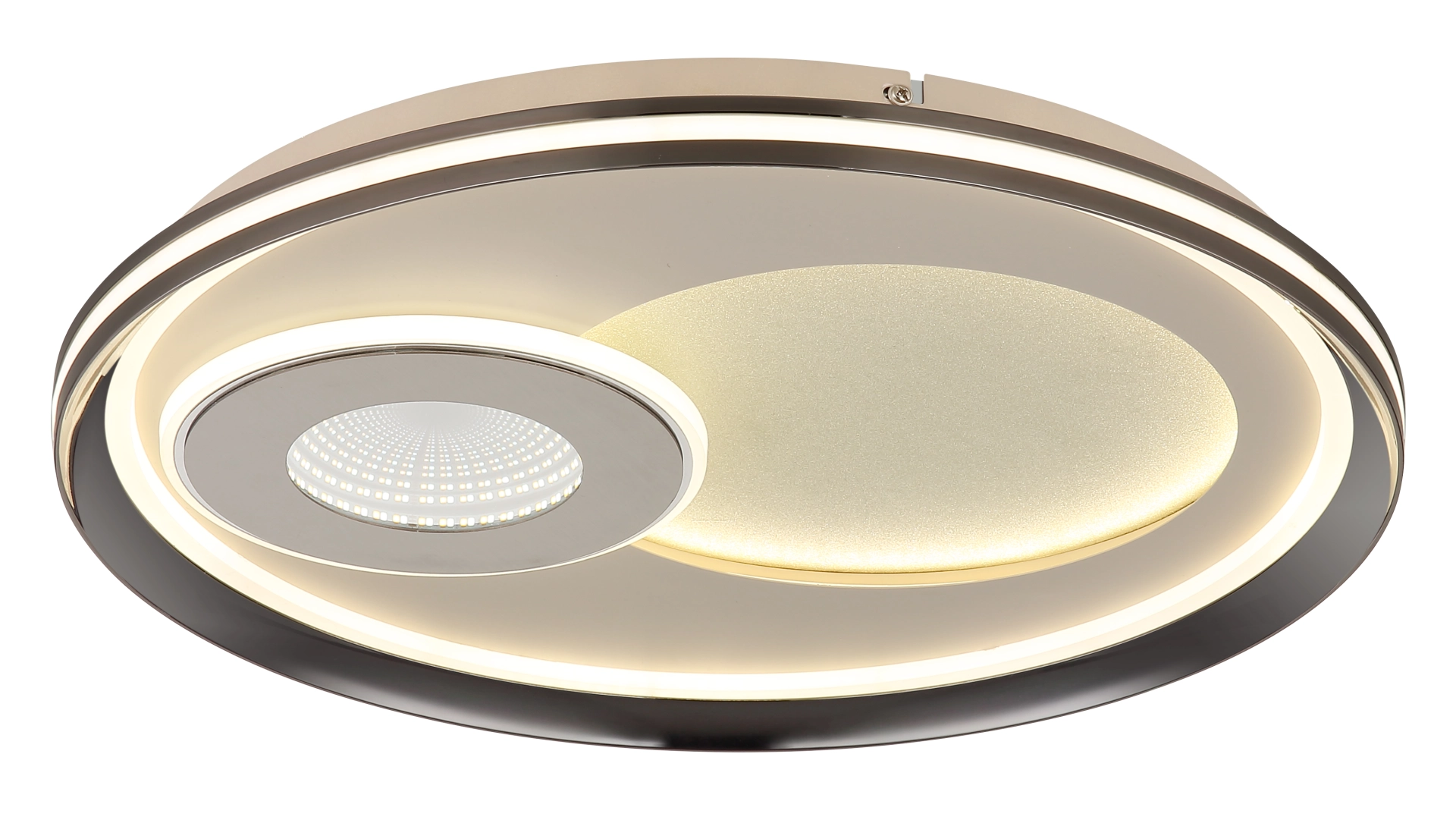 Runde LED-Deckenleuchte JUTA aus sandfarben mattem Metall mit champagnerfarbenen Acrylkristallen und leuchtendem Ringschein, zentralem Kristalleffekt; Hersteller Globo Handels GmbH, Produktnummer 48572-36