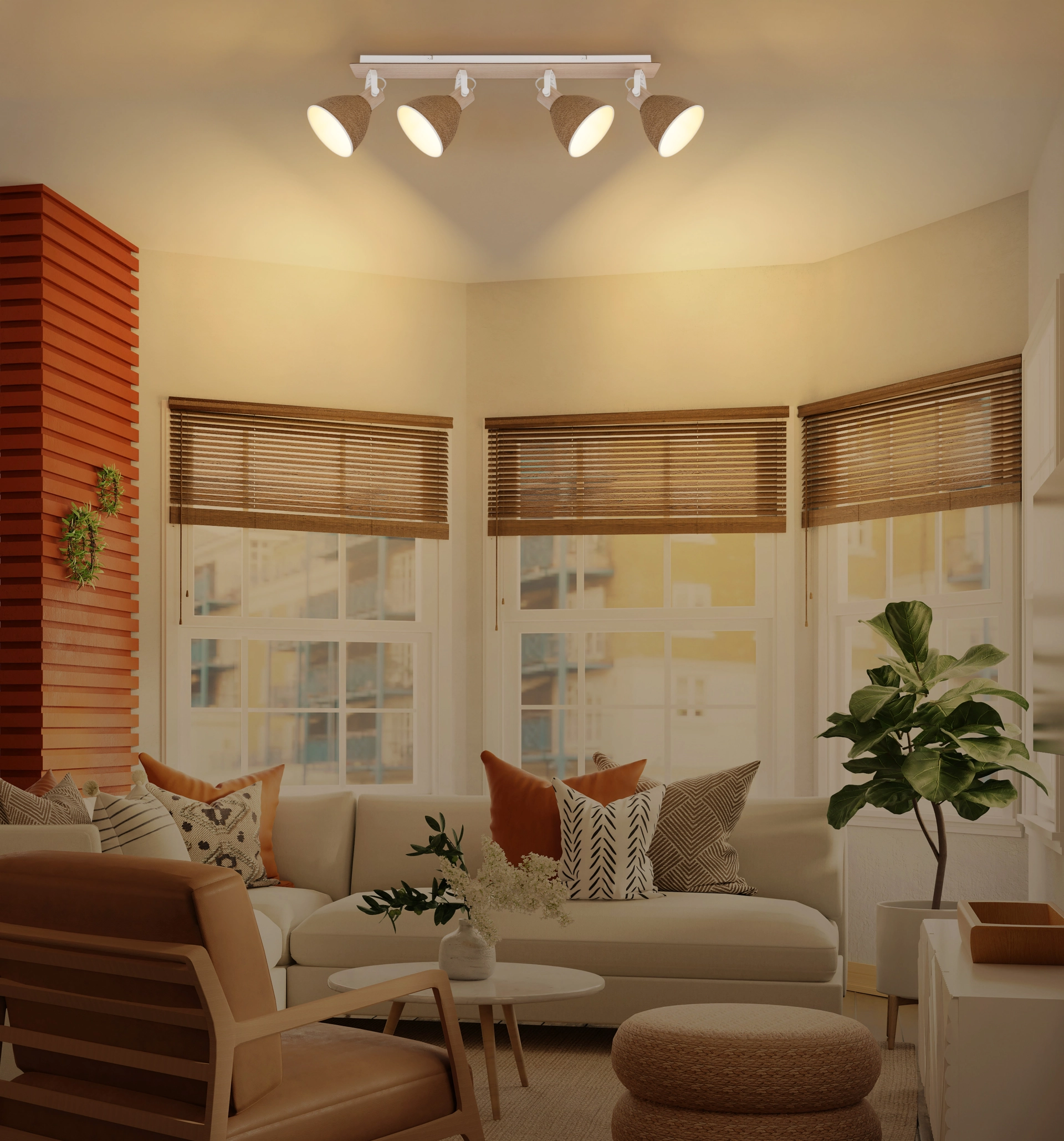 LYNDON four-light spotlight with wood-look backplate and adjustable metal shades wrapped in paper cord; modern matt white body – ideal for living rooms | Globo 16466-4