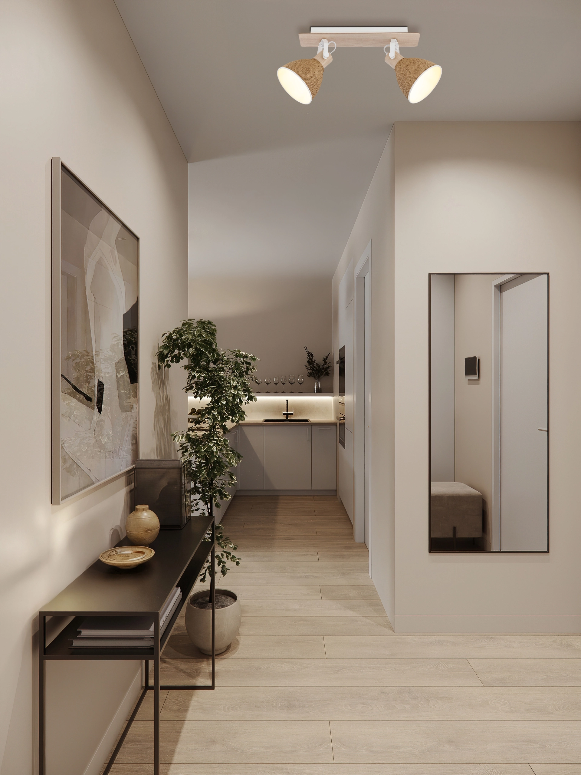 Product image: LYNDON ceiling spotlight, 2-light, matte white metal with wood-look backplate and paper-cord shades; modern natural style for hall/living. Manufacturer: Globo Handels GmbH, item 16466-2.