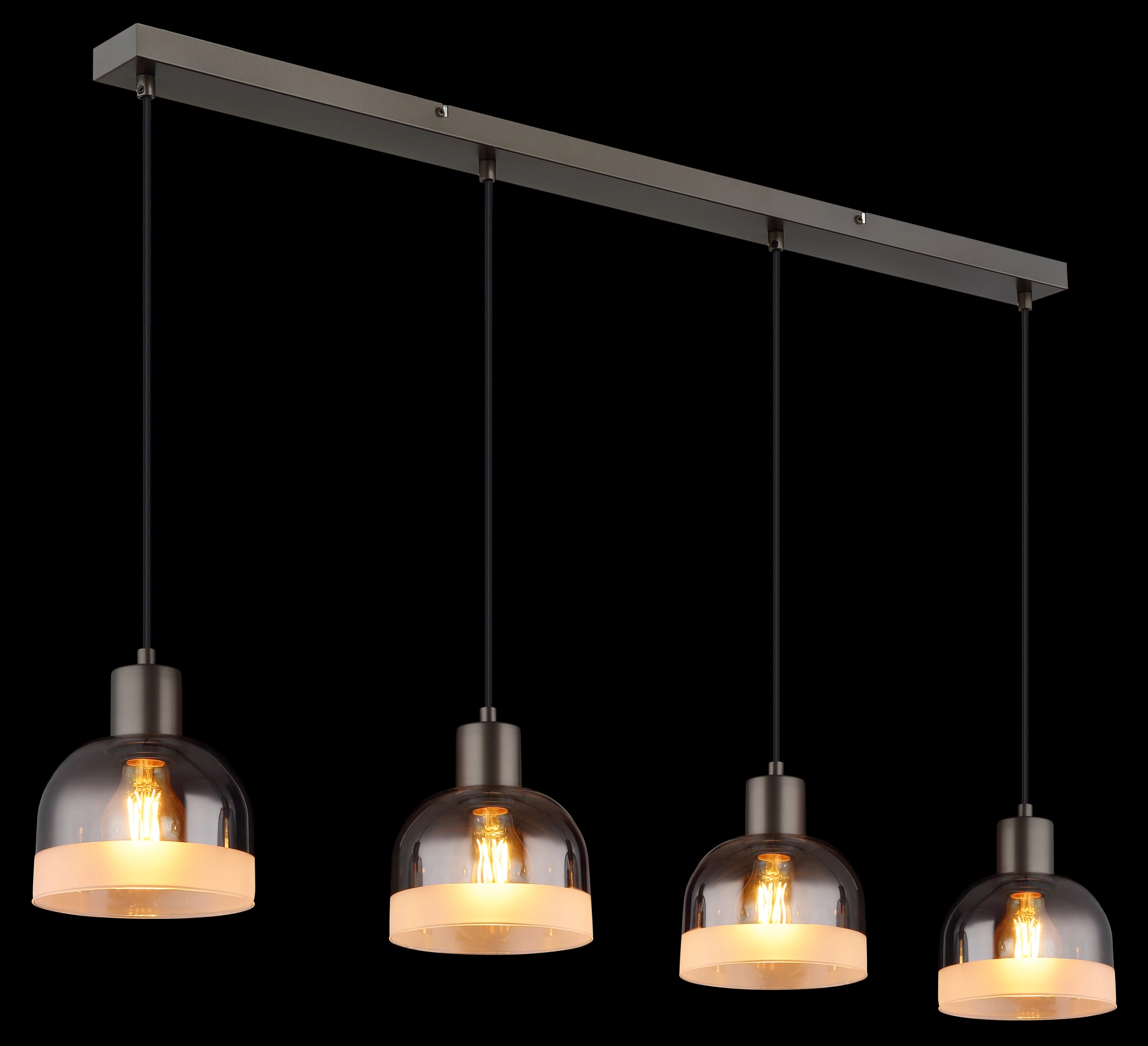 Produktbild der KAIRO Pendelleuchte 4-flammig mit rauchfarbenen Glas-Schirmen und matt schwarz‑chromener Metallschiene, warmes Licht; Hersteller Globo Handels GmbH, Artikel 54048-4H – ideal für Esstisch und Küche